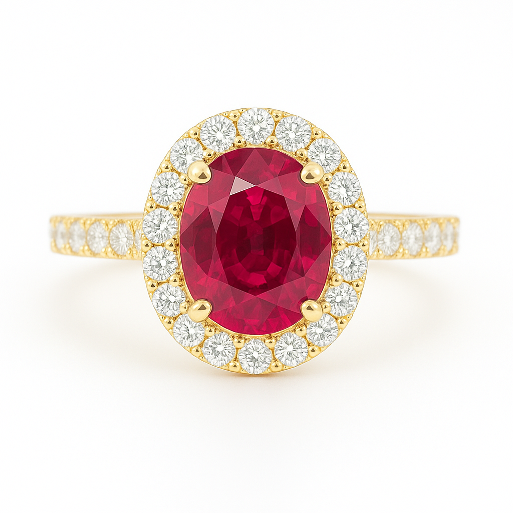 2.02ct Thai Ruby Ring – Oval Halo Setting, 18K Gold, E VS1 Diamonds Chloe's Jewellers