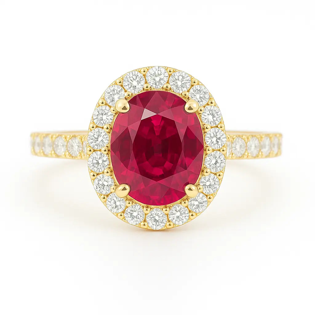2.02ct Thai Ruby Ring – Oval Halo Setting, 18K Gold, E VS1 Diamonds Chloe's Jewellers