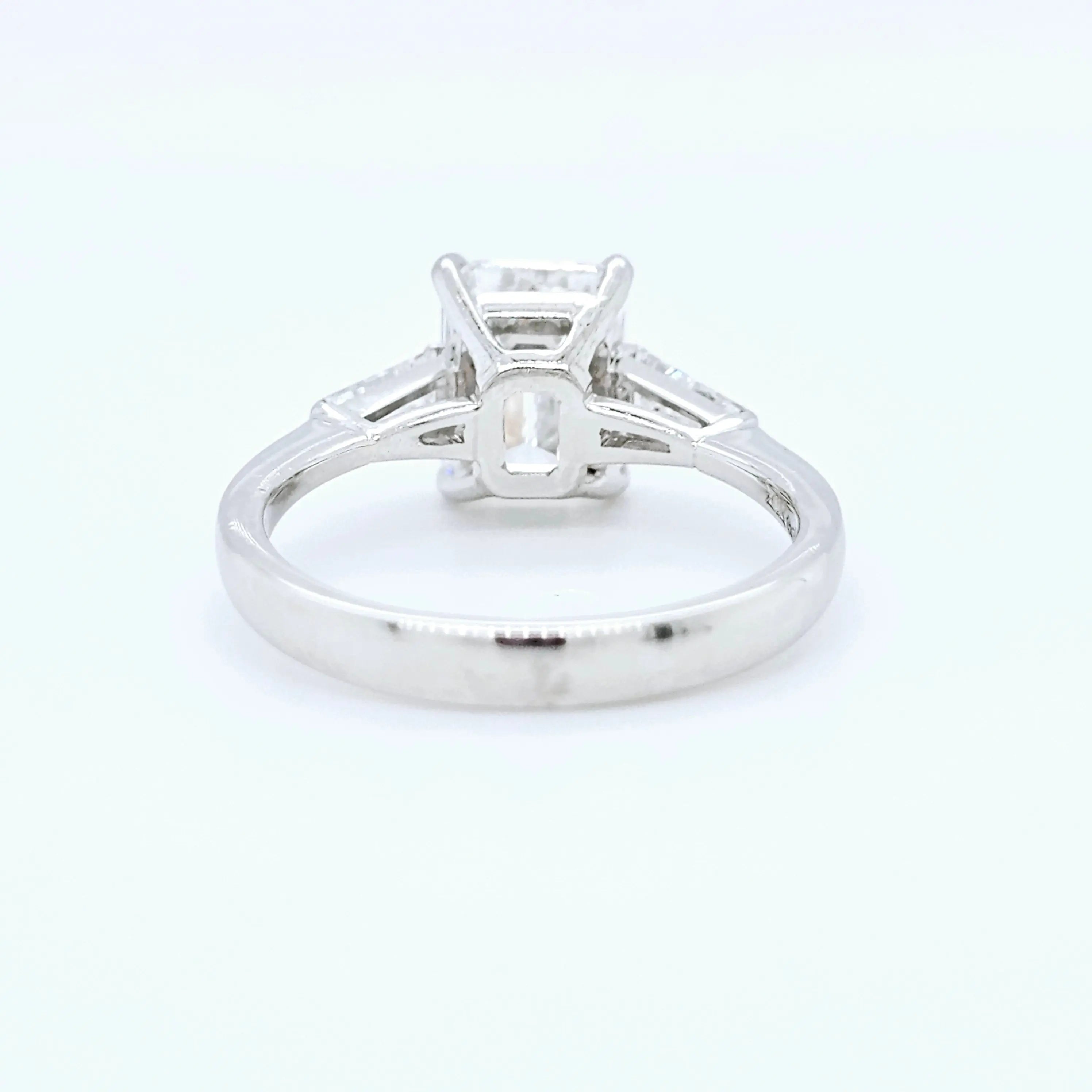 Platinum Emerald-Cut Diamond Three-Stone Engagement Ring – 1.57ct E/VVS1 Chloe's Jewellers