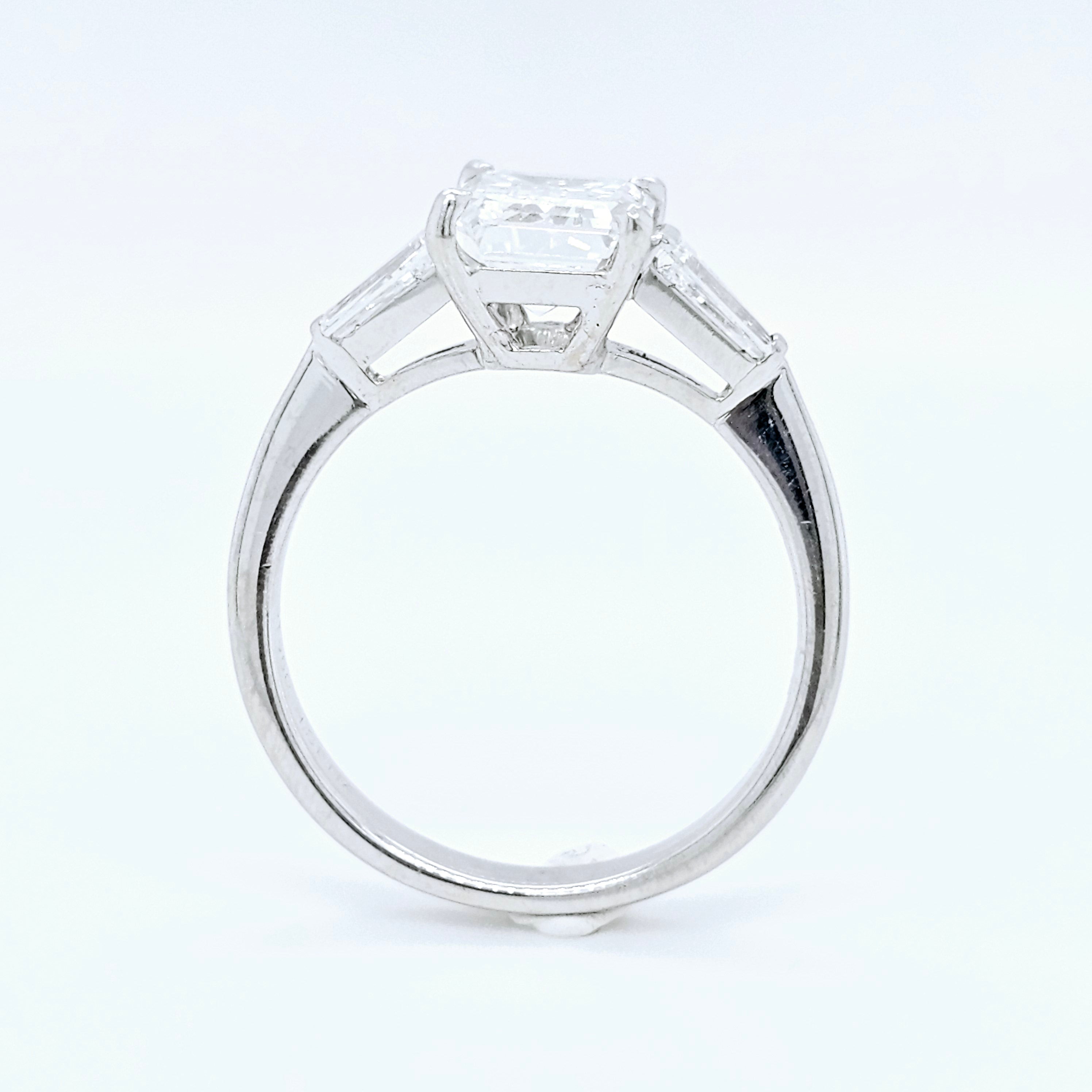 Platinum Emerald-Cut Diamond Three-Stone Engagement Ring – 1.57ct E/VVS1