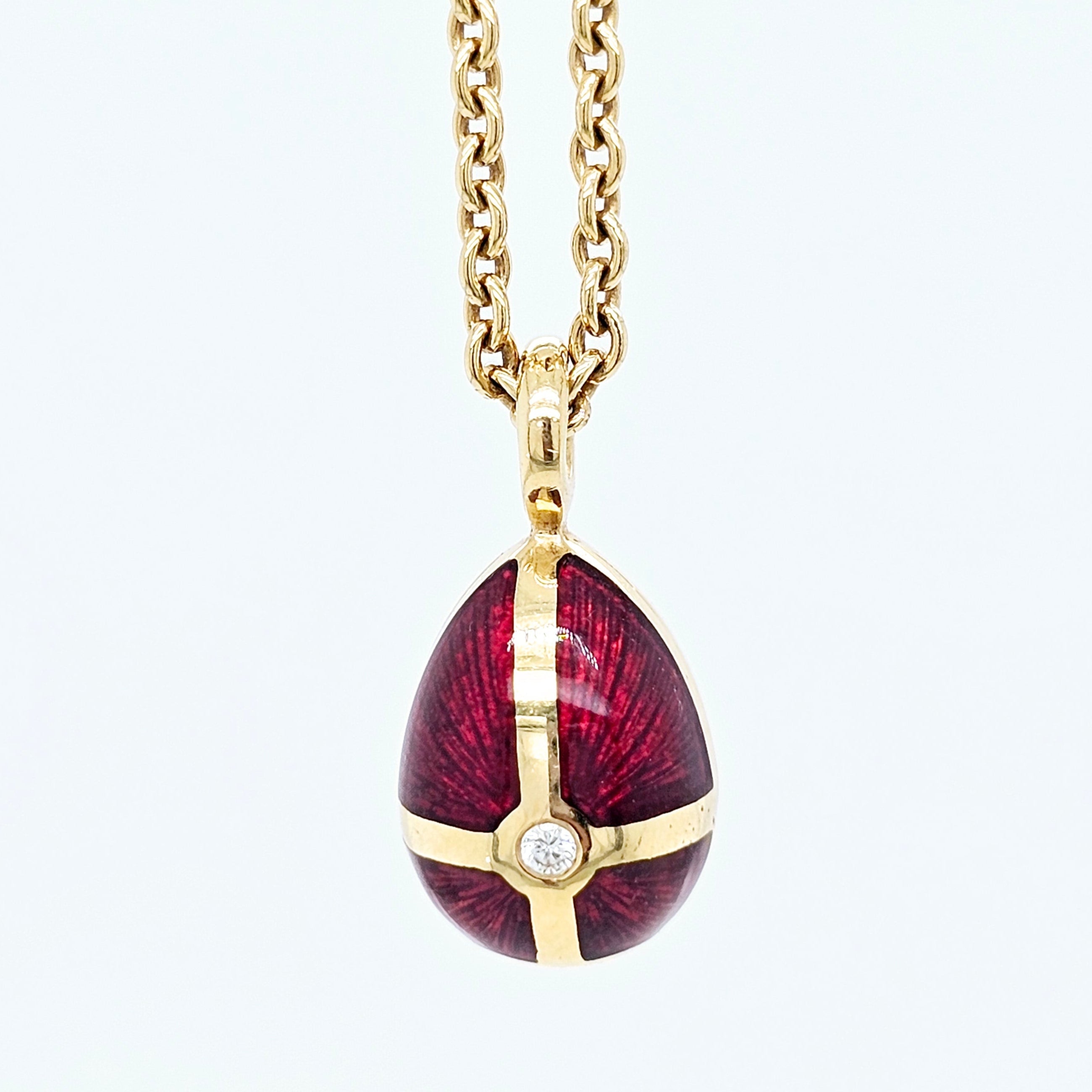 Pre-Owned Fabergé Red Enamel Egg Diamond Pendant Necklace – 18ct Yellow Gold Chloe's Jewellers