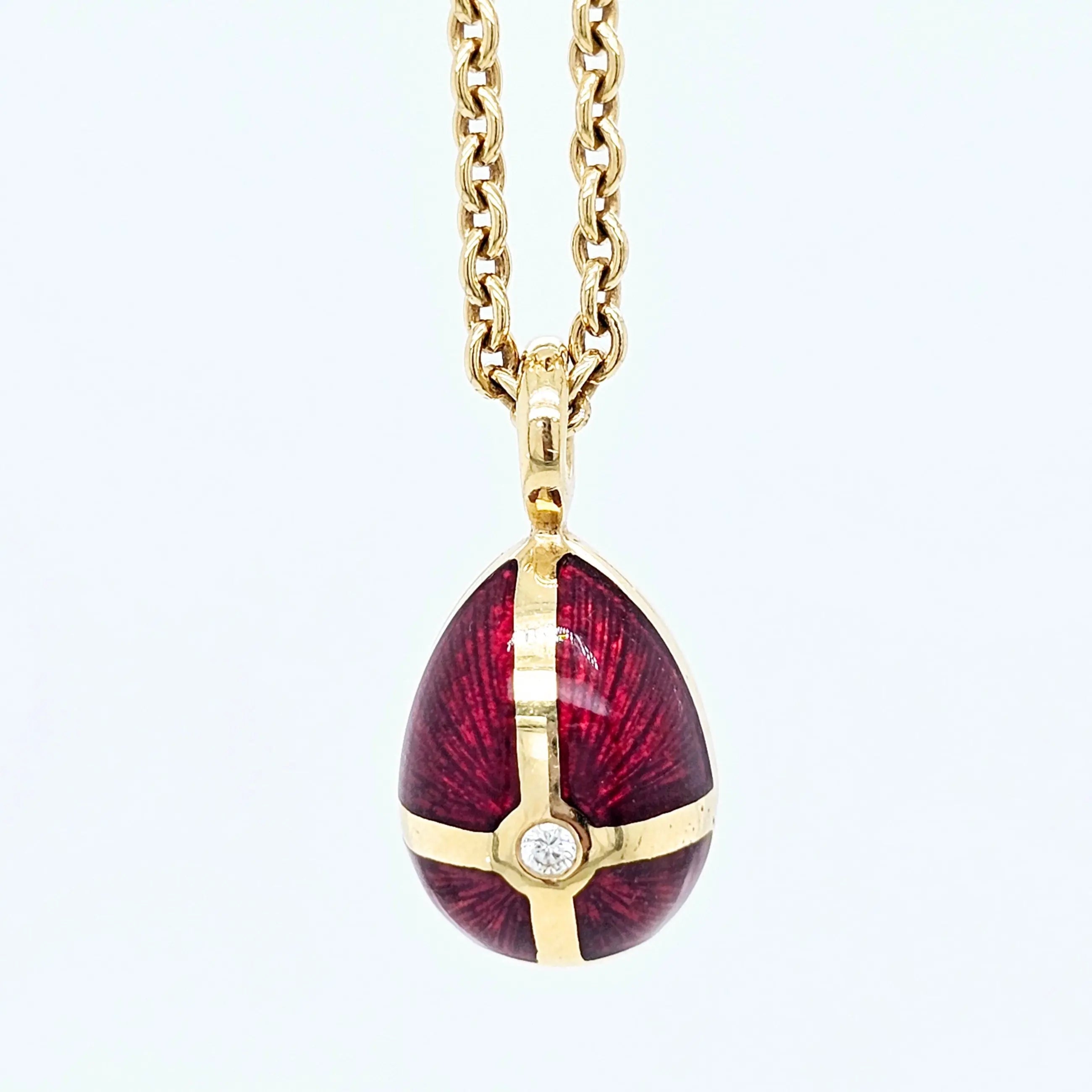 Pre-Owned Fabergé Red Enamel Egg Diamond Pendant Necklace – 18ct Yellow Gold Chloe's Jewellers
