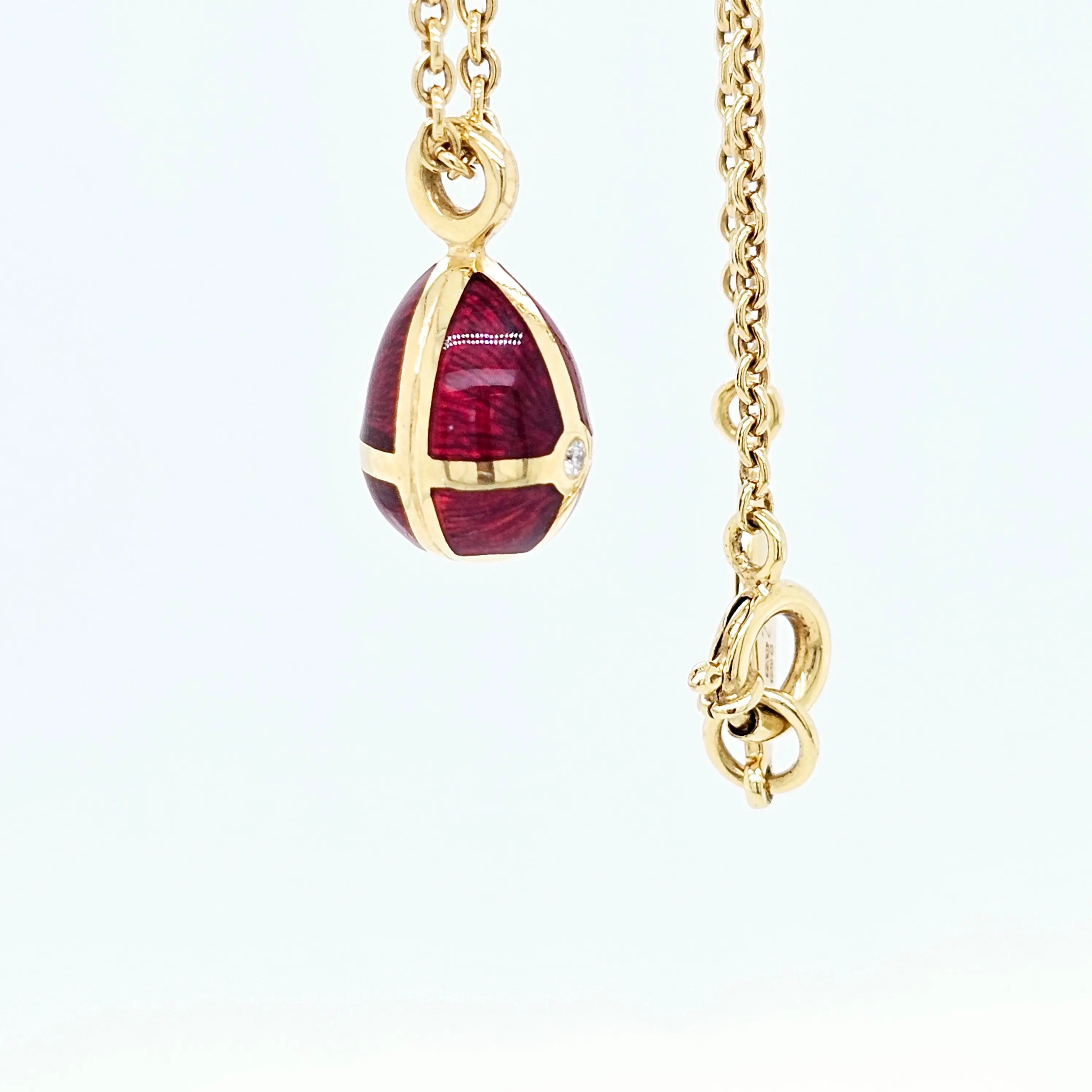 Pre-Owned Fabergé Red Enamel Egg Diamond Pendant Necklace – 18ct Yellow Gold Chloe's Jewellers