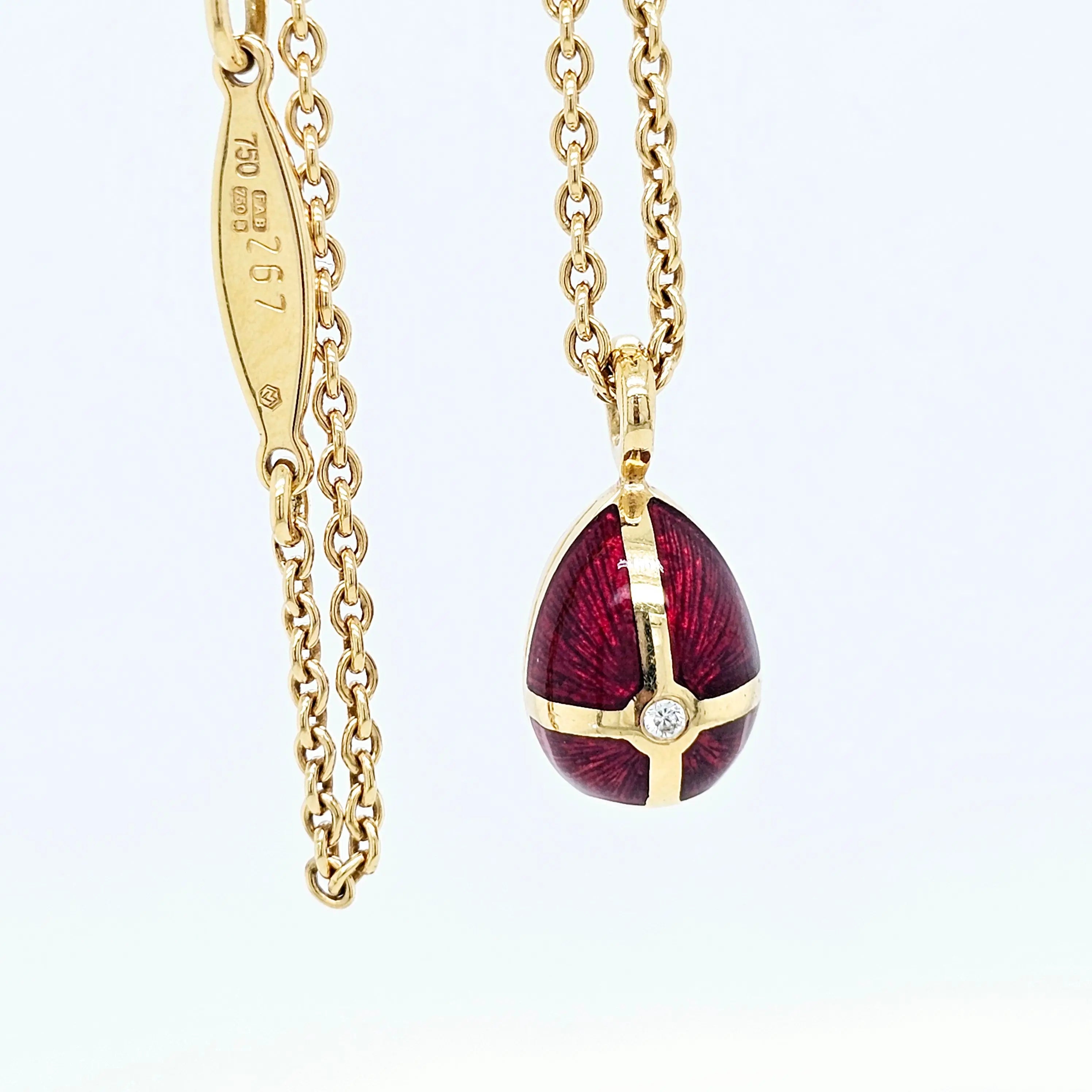 Pre-Owned Fabergé Red Enamel Egg Diamond Pendant Necklace – 18ct Yellow Gold Chloe's Jewellers