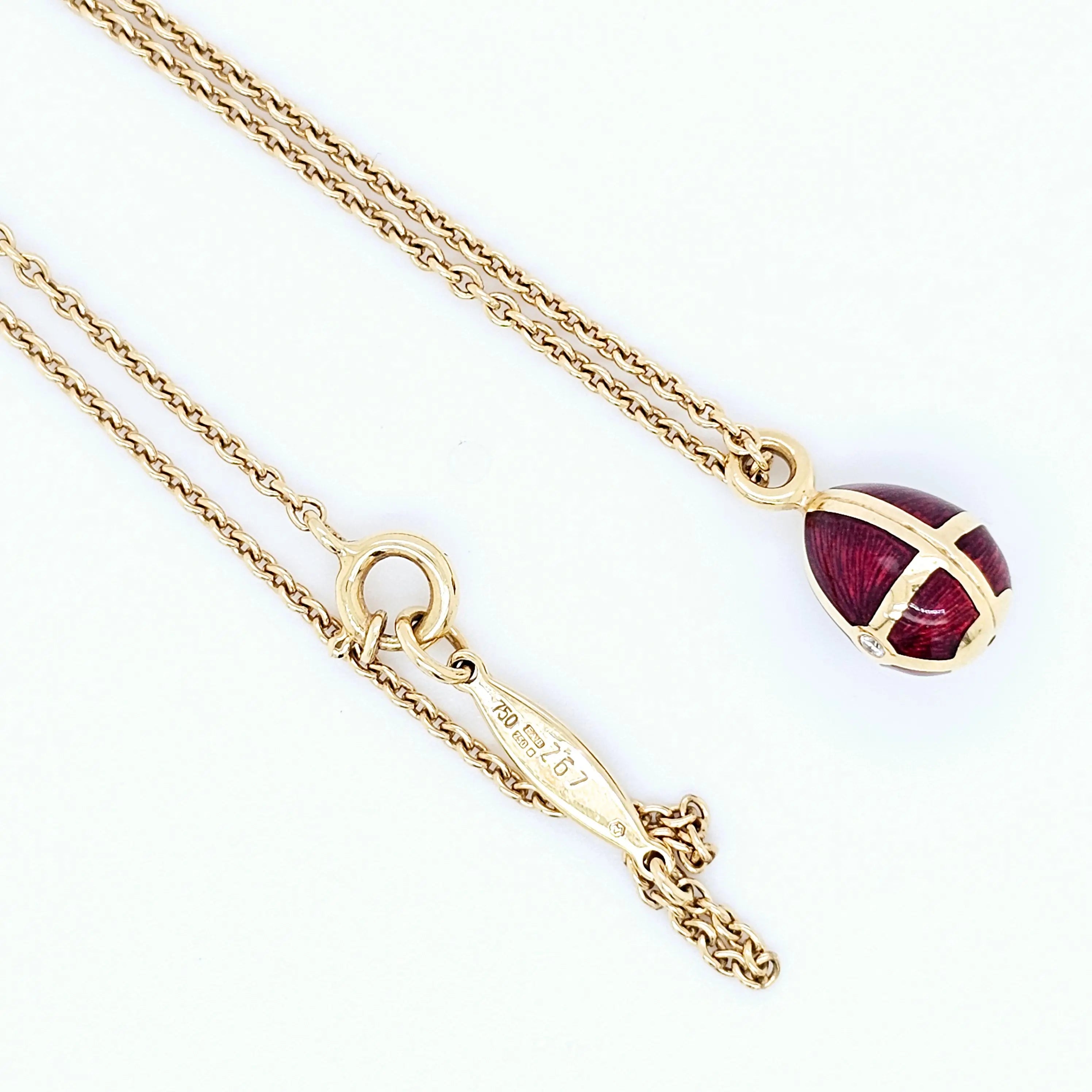 Pre-Owned Fabergé Red Enamel Egg Diamond Pendant Necklace – 18ct Yellow Gold Chloe's Jewellers