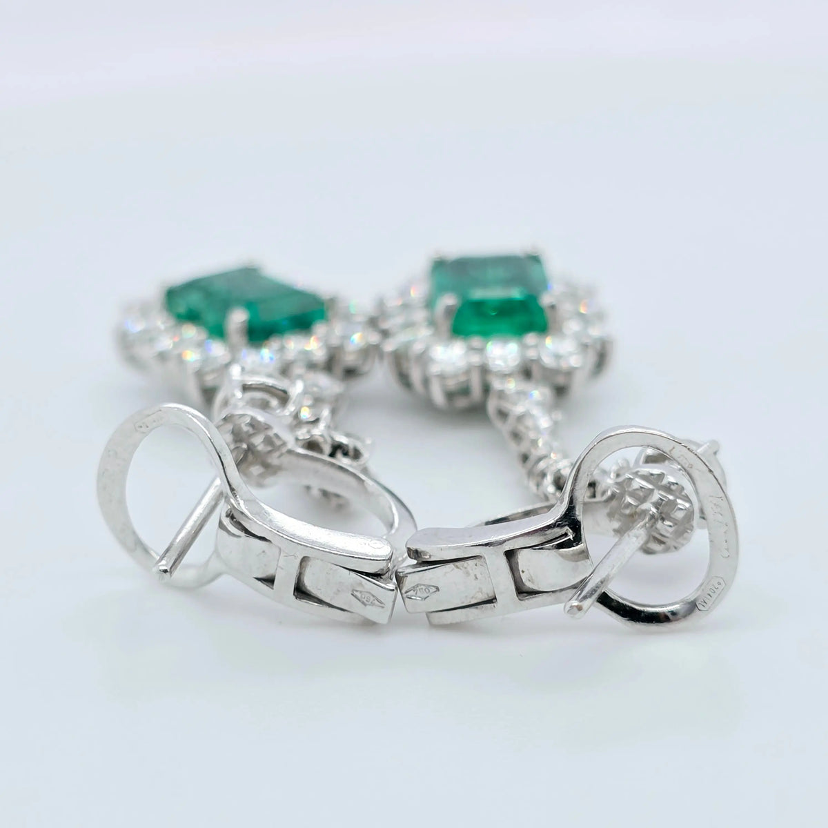 Antique emerald earrings, Halo setting drop earrings Chloe's Jewellers