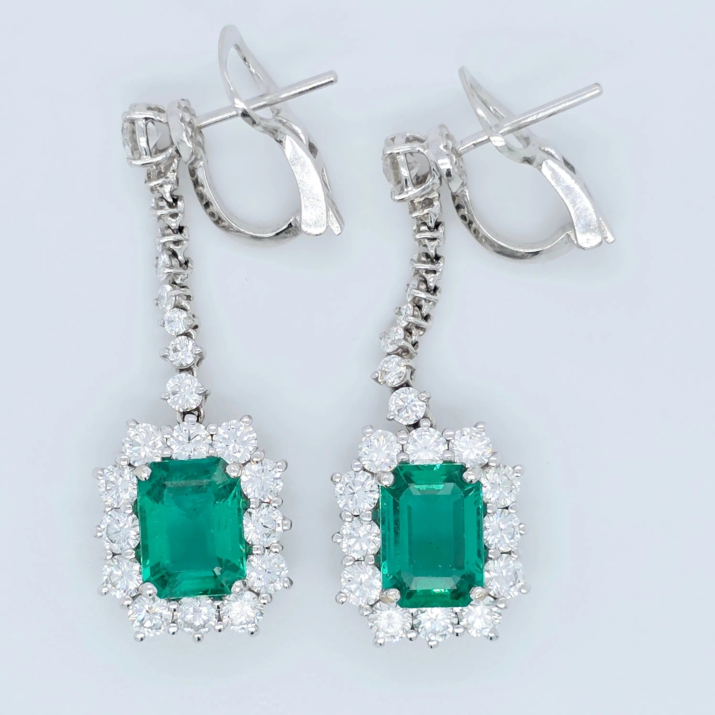 Antique emerald earrings, Halo setting drop earrings Chloe's Jewellers