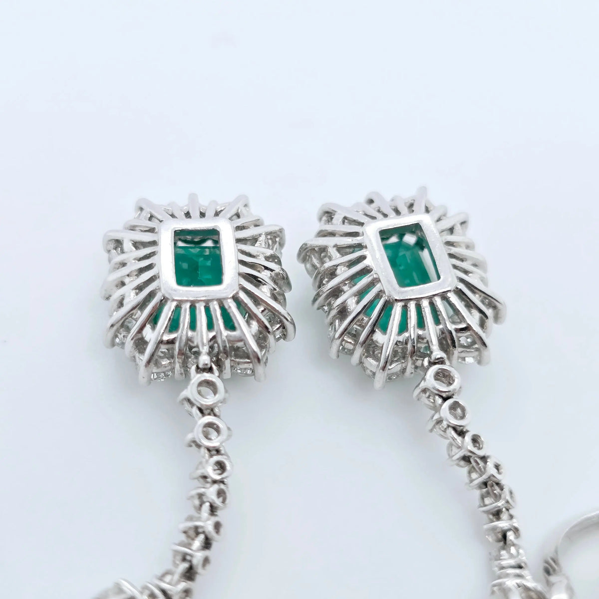 Antique emerald earrings, Halo setting drop earrings Chloe's Jewellers