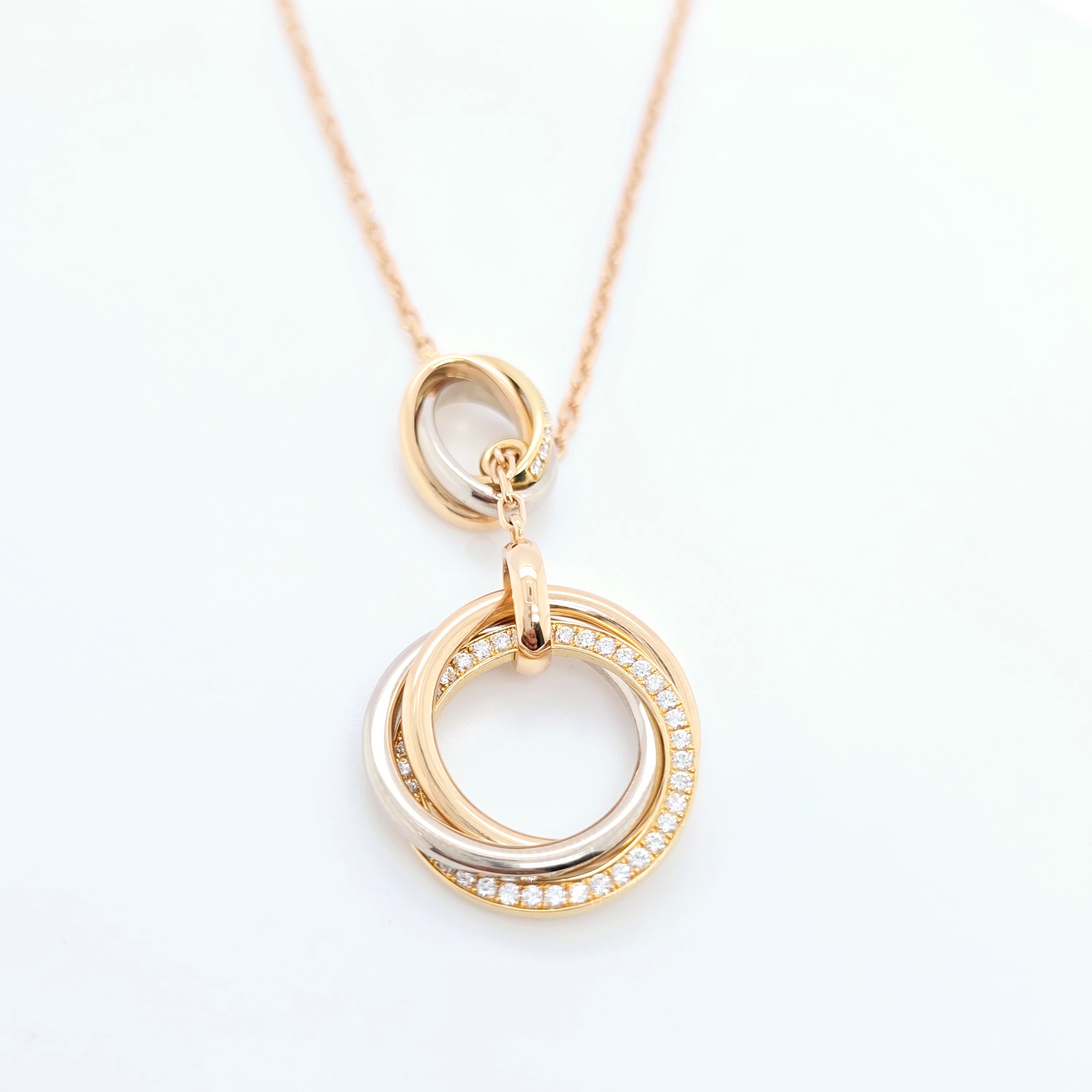 Cartier Yellow, White & Rose Gold Trinity Diamond Necklace, 18ct Rose Gold Chain Chloe's Jewellers