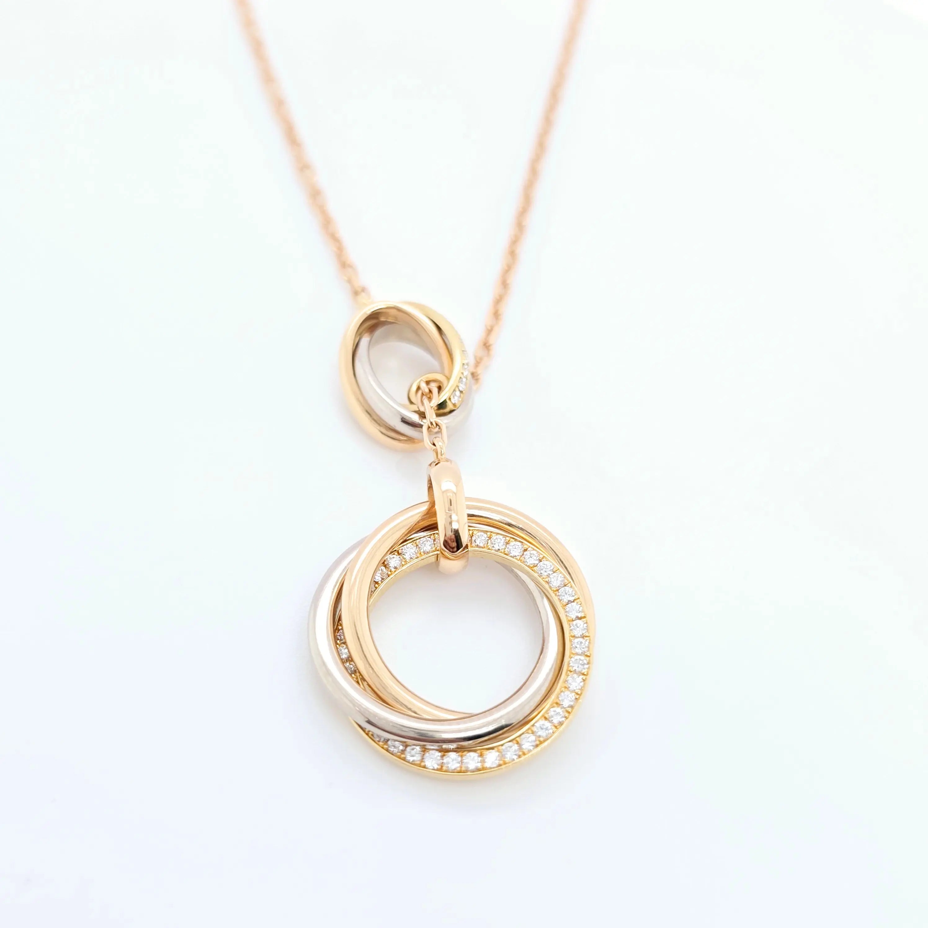 Cartier Yellow, White & Rose Gold Trinity Diamond Necklace, 18ct Rose Gold Chain Chloe's Jewellers