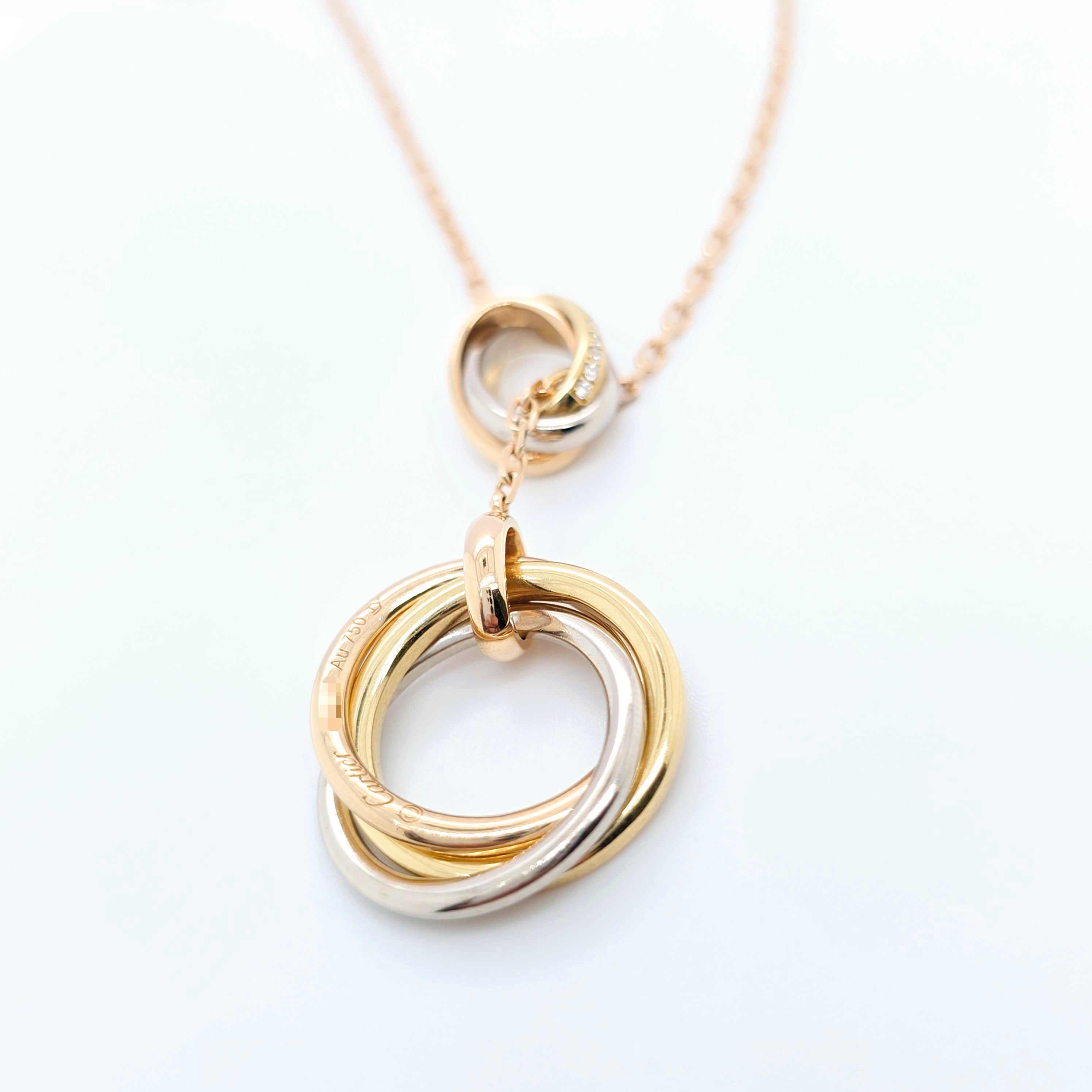 Cartier Yellow, White & Rose Gold Trinity Diamond Necklace, 18ct Rose Gold Chain Chloe's Jewellers