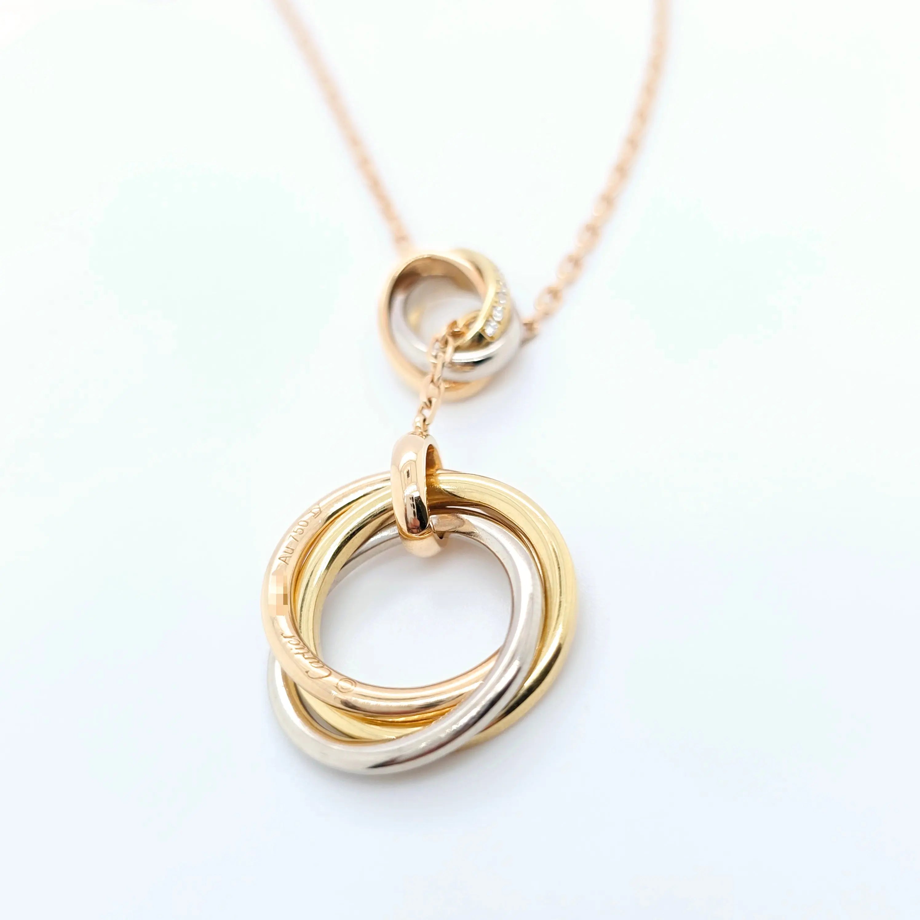 Cartier Yellow, White & Rose Gold Trinity Diamond Necklace, 18ct Rose Gold Chain Chloe's Jewellers