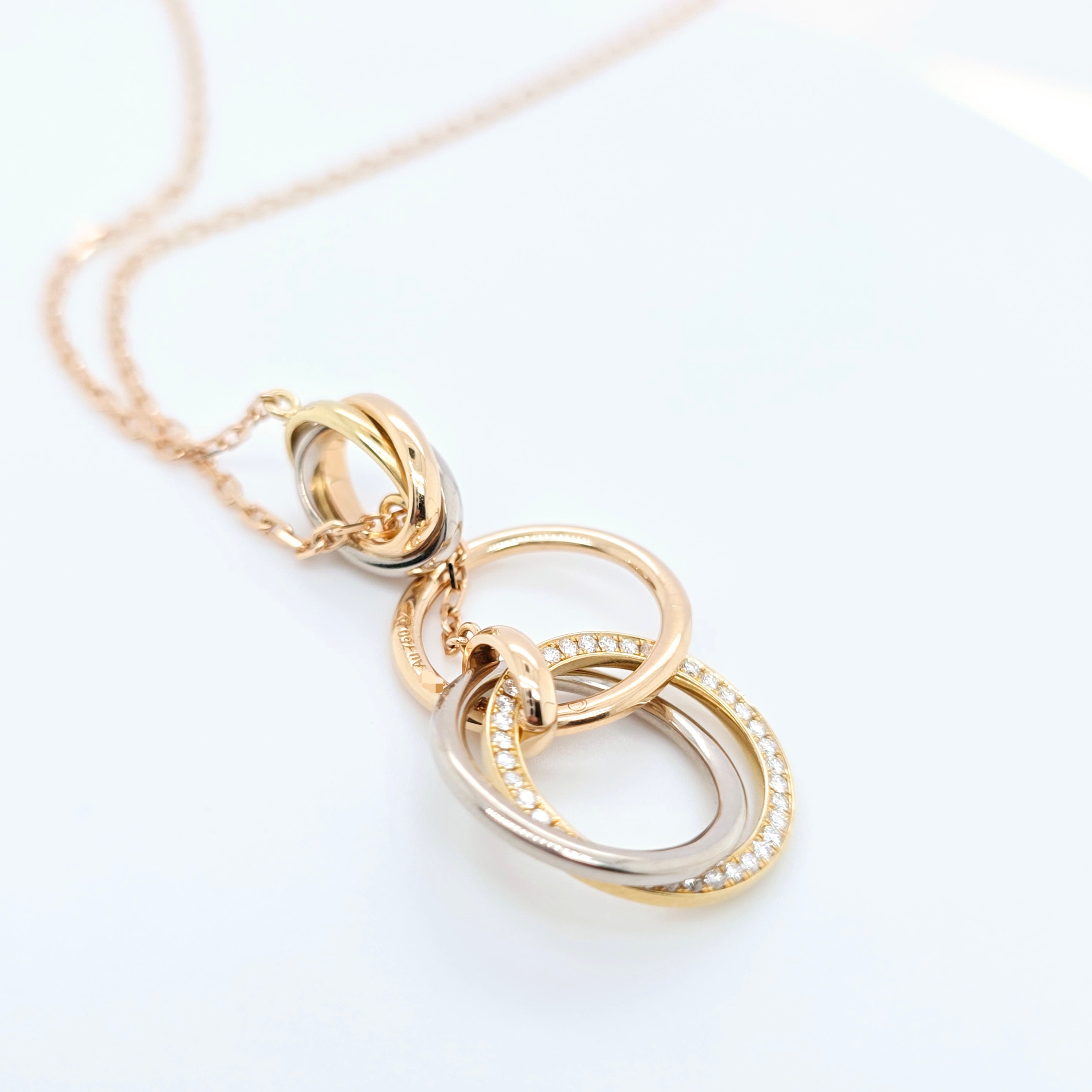 Cartier Yellow, White & Rose Gold Trinity Diamond Necklace, 18ct Rose Gold Chain Chloe's Jewellers