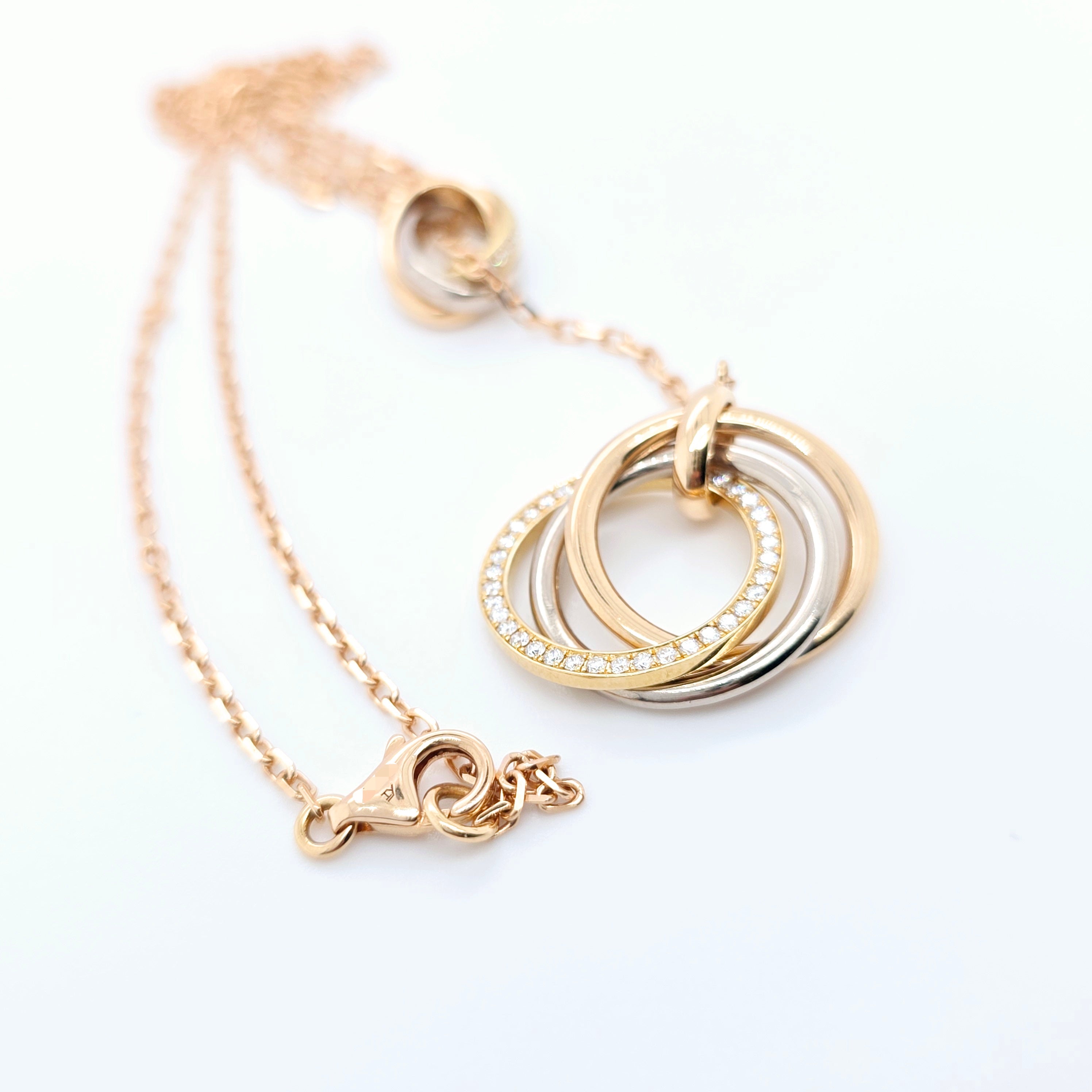 Cartier Yellow, White & Rose Gold Trinity Diamond Necklace, 18ct Rose Gold Chain Chloe's Jewellers