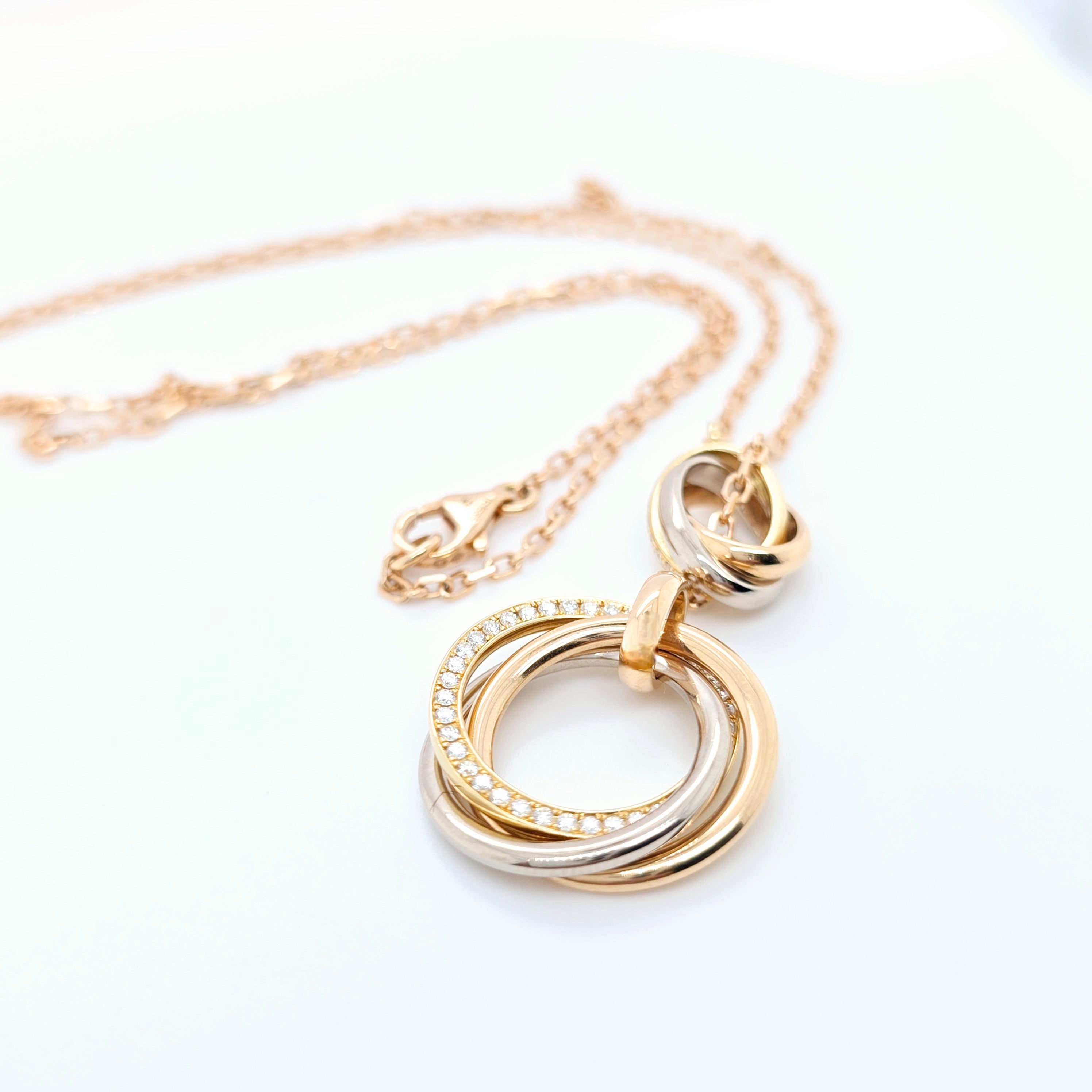 Cartier Yellow, White & Rose Gold Trinity Diamond Necklace, 18ct Rose Gold Chain Chloe's Jewellers