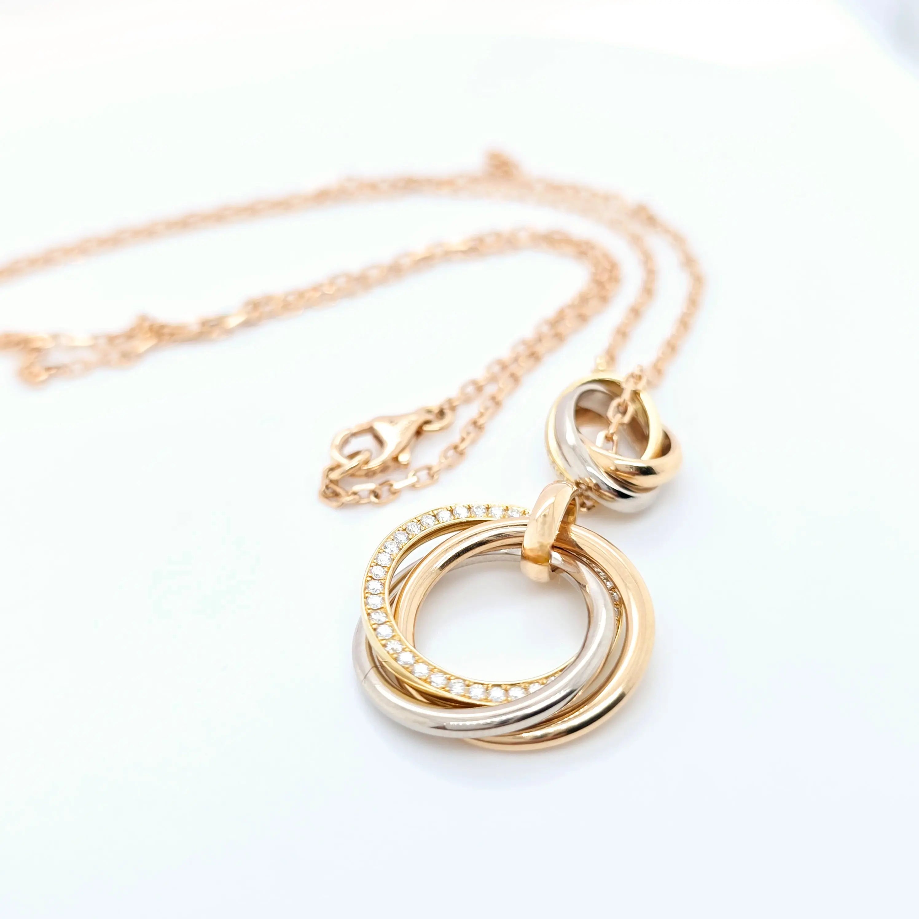 Cartier Yellow, White & Rose Gold Trinity Diamond Necklace, 18ct Rose Gold Chain Chloe's Jewellers
