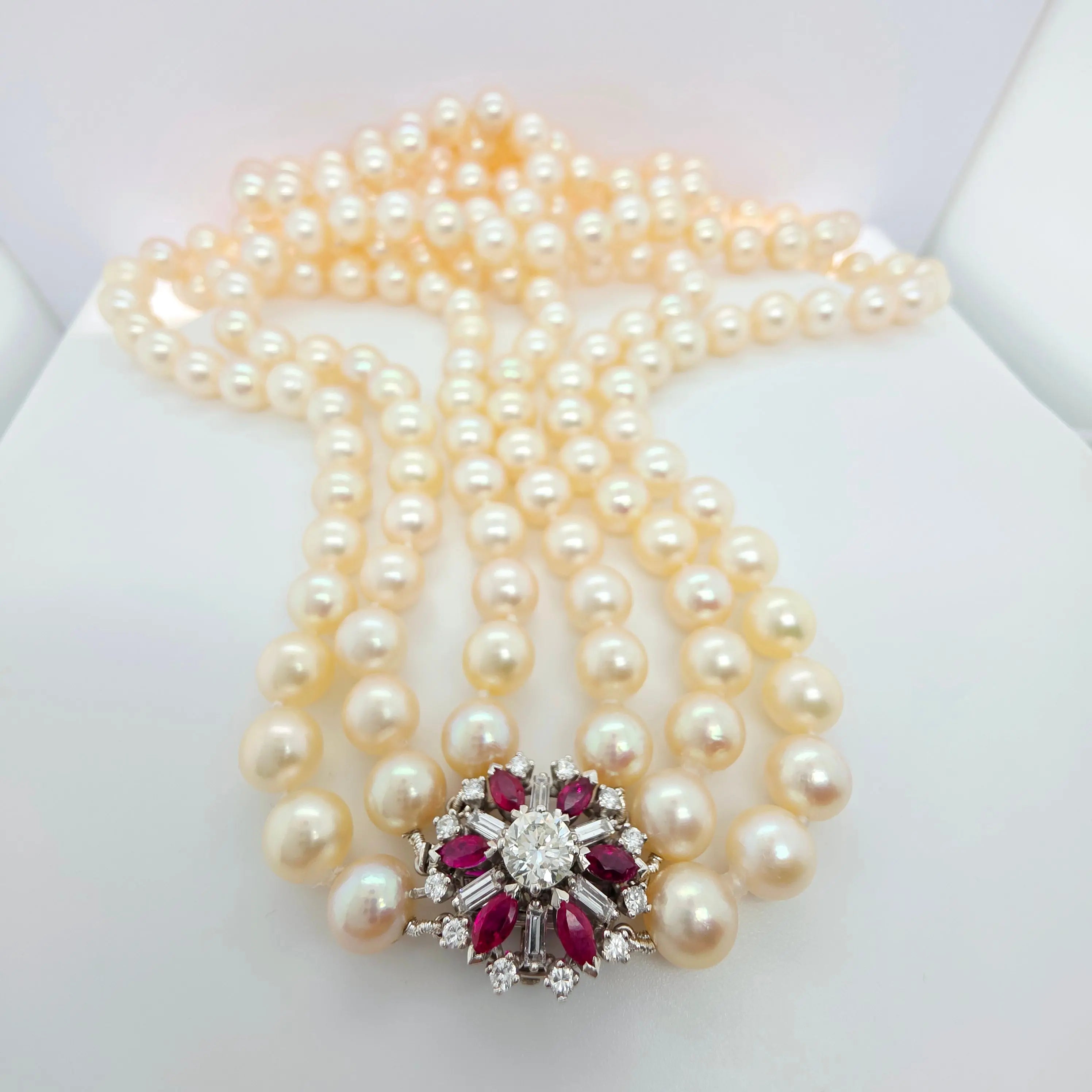 Three-Layer Strads Pearl & Diamond Necklace – 18ct White Gold Chloe's Jewellers