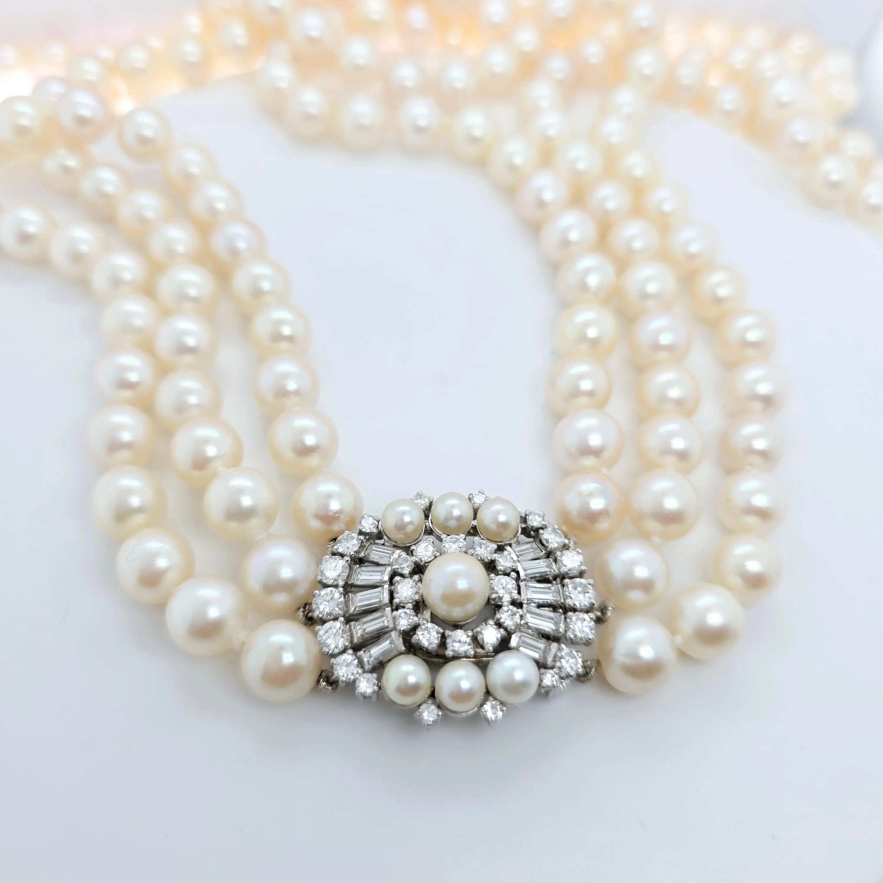 Three-Layer Strads Pearl Necklace – 18ct White Gold, 2.30ct Diamonds Chloe's Jewellers