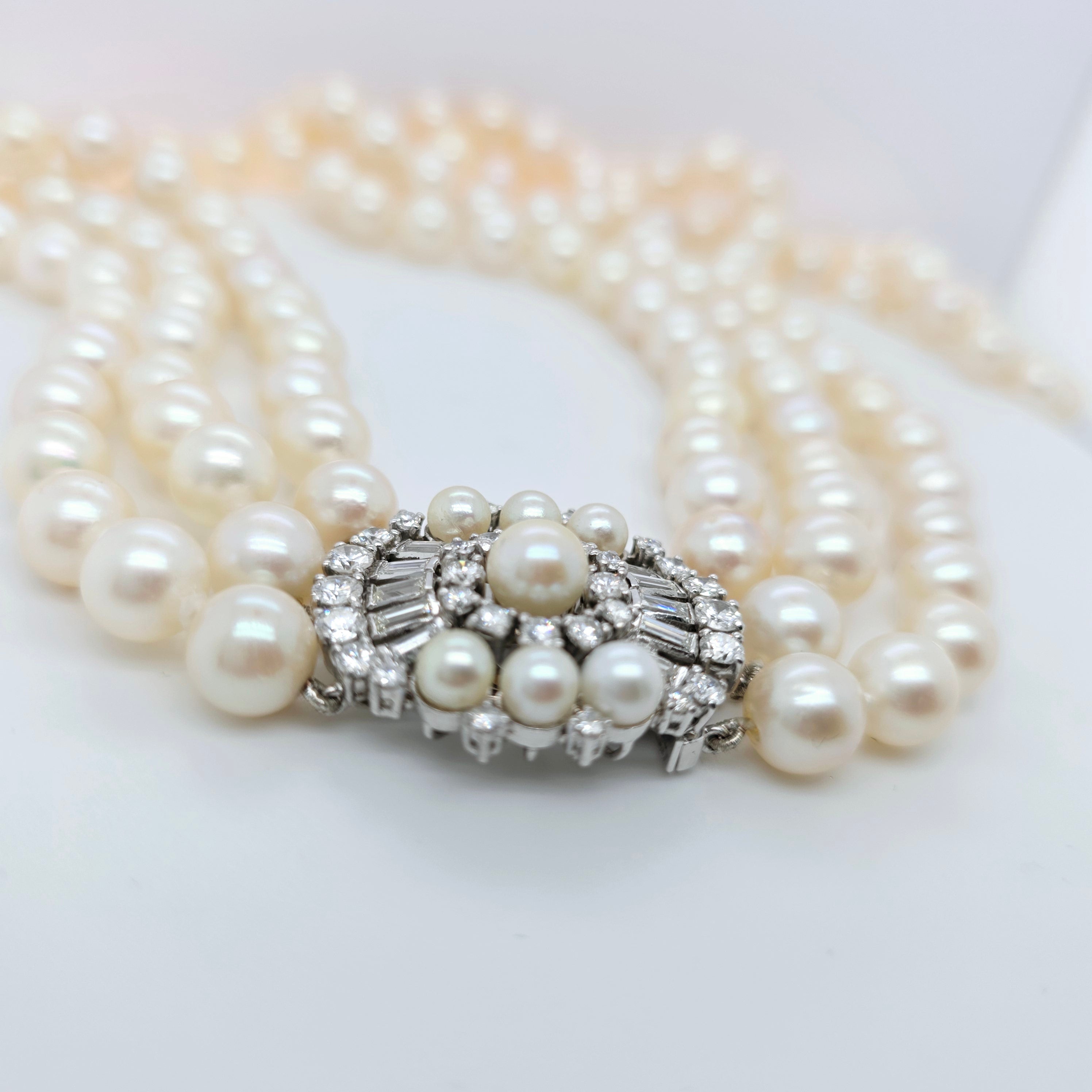Three-Layer Strads Pearl Necklace – 18ct White Gold, 2.30ct Diamonds