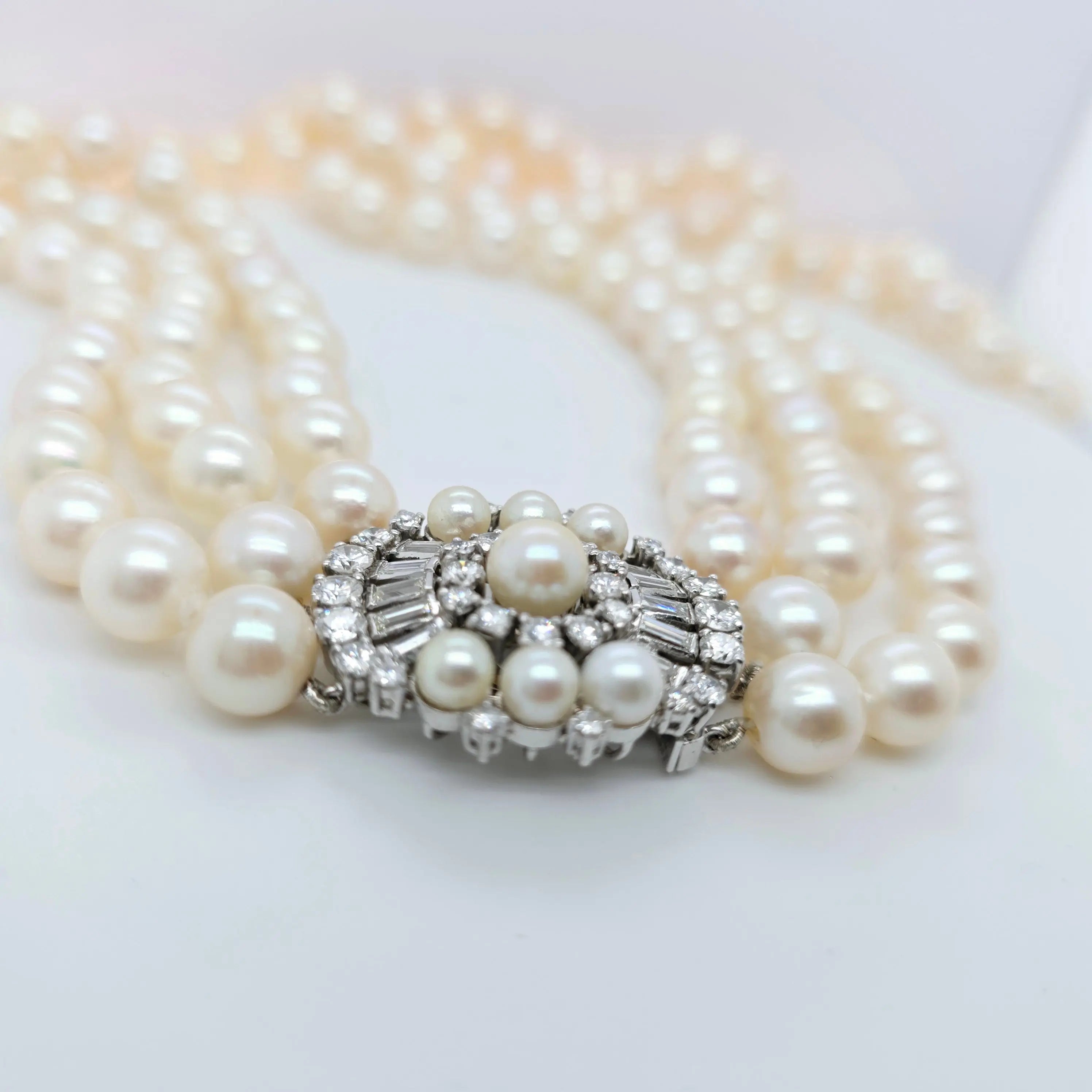 Three-Layer Strads Pearl Necklace – 18ct White Gold, 2.30ct Diamonds Chloe's Jewellers