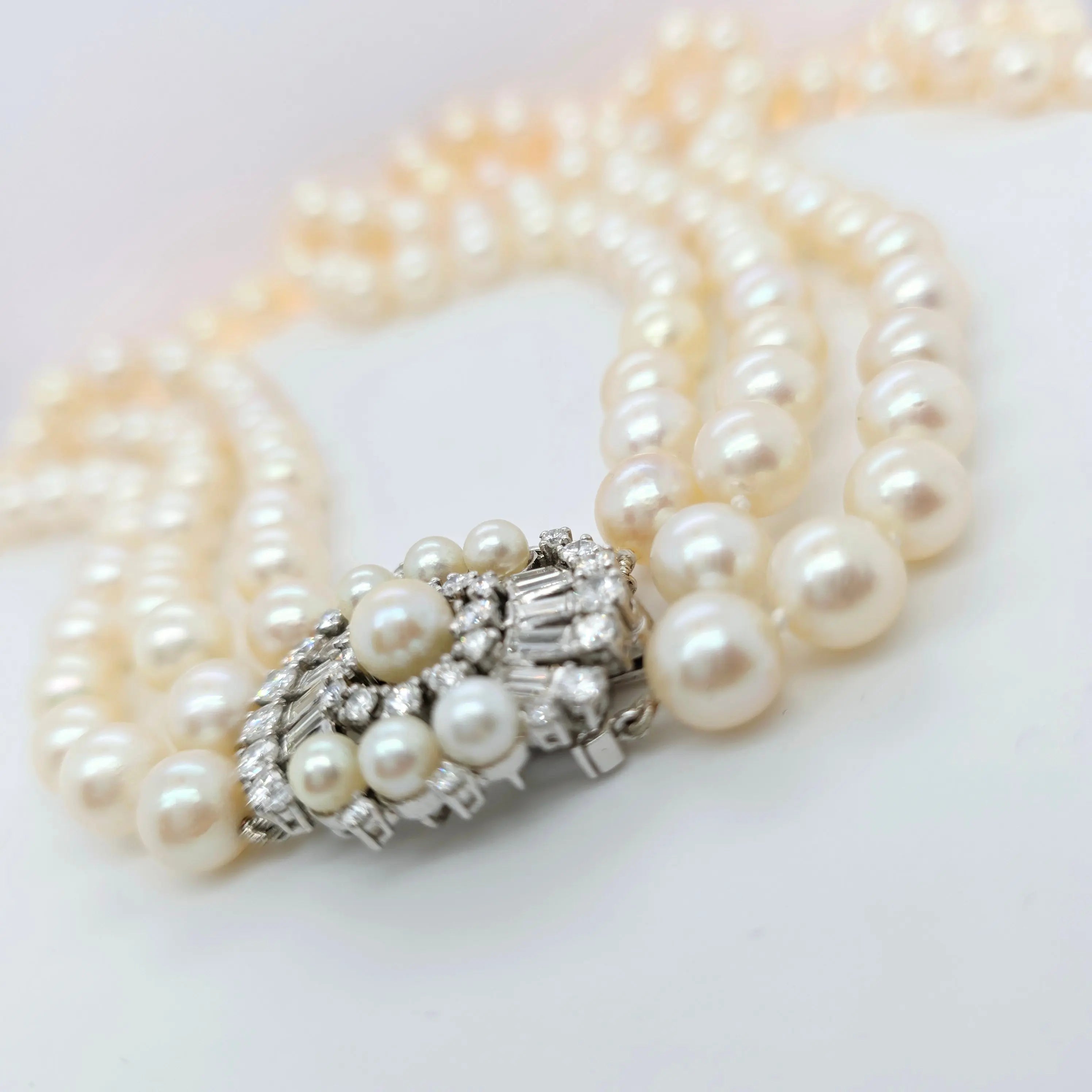 Three-Layer Strads Pearl Necklace – 18ct White Gold, 2.30ct Diamonds Chloe's Jewellers