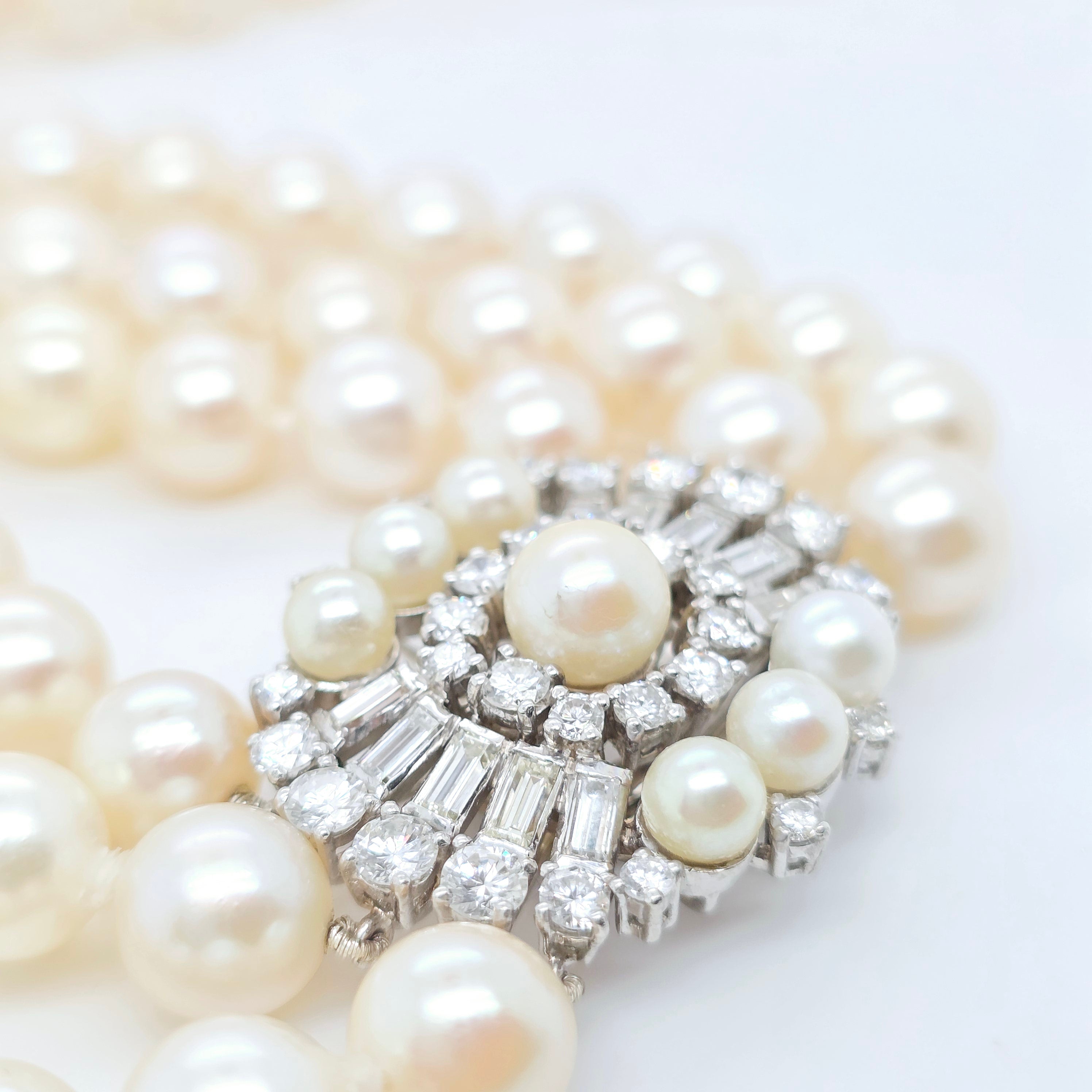 Three-Layer Strads Pearl Necklace – 18ct White Gold, 2.30ct Diamonds