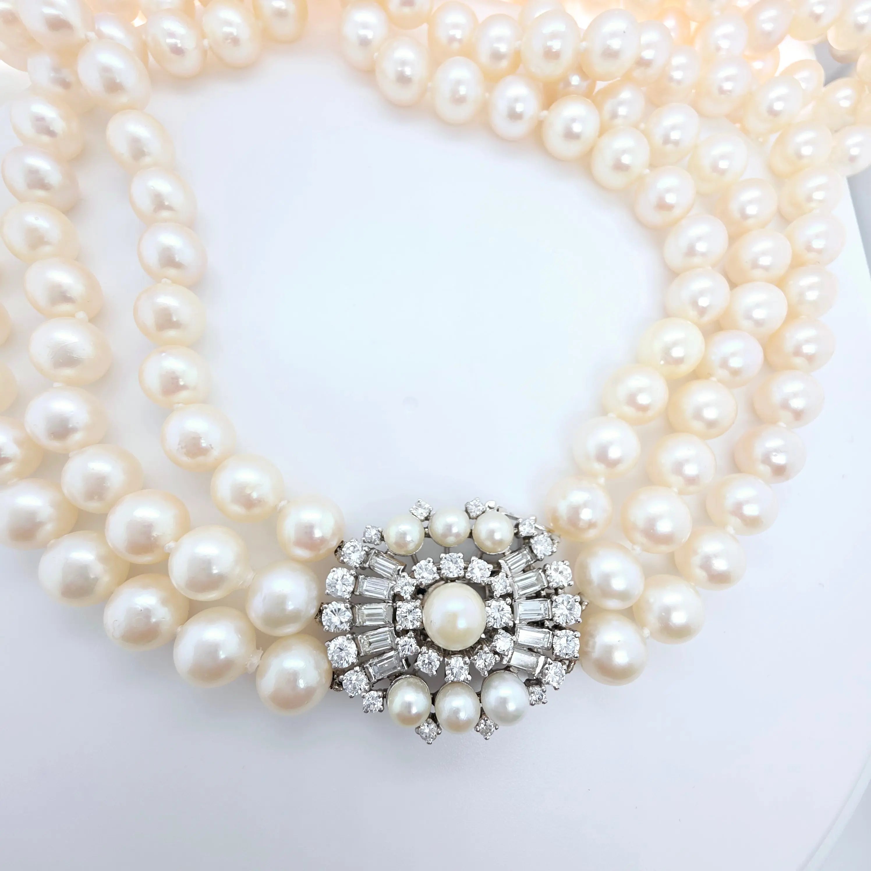 Three-Layer Strads Pearl Necklace – 18ct White Gold, 2.30ct Diamonds Chloe's Jewellers