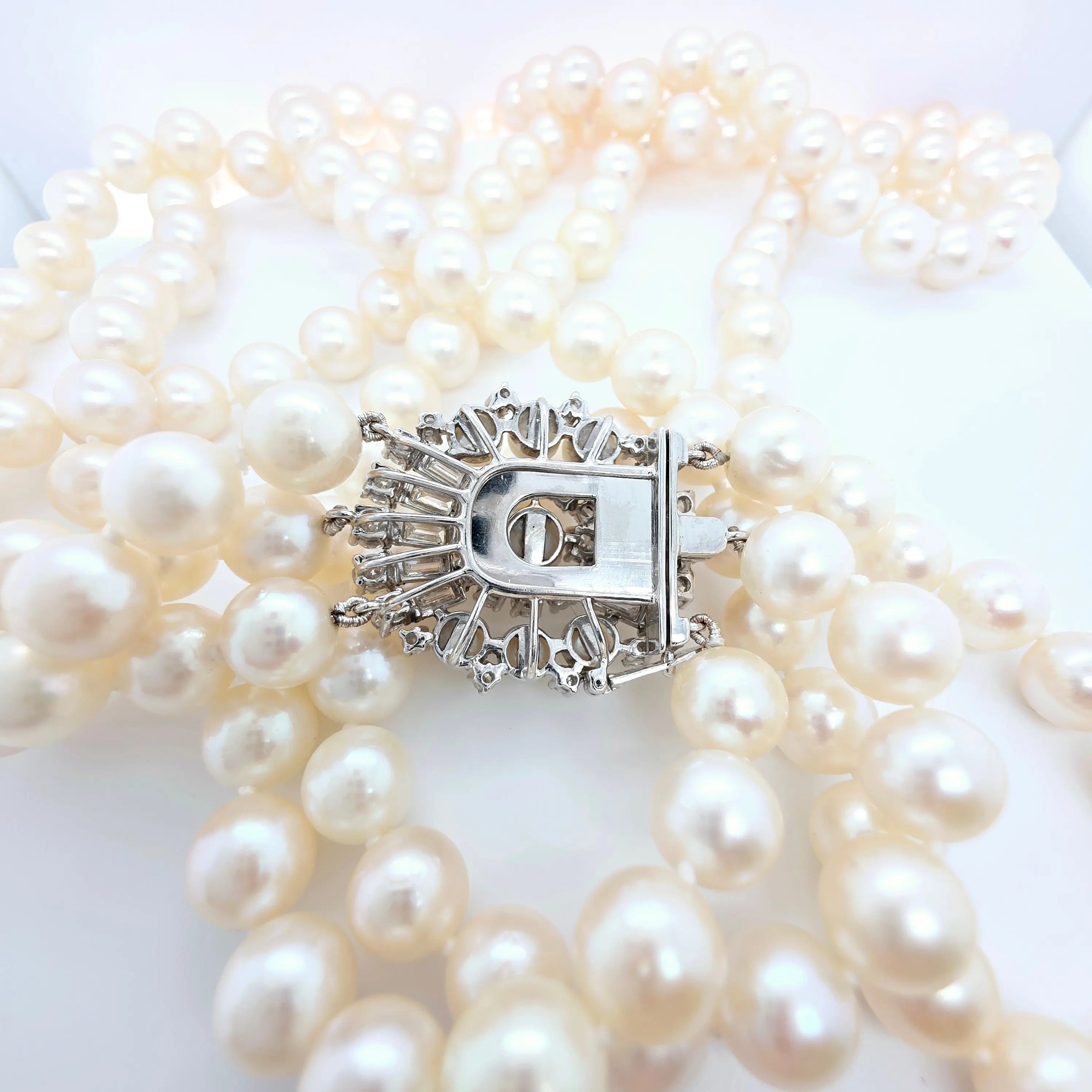 Three-Layer Strads Pearl Necklace – 18ct White Gold, 2.30ct Diamonds Chloe's Jewellers