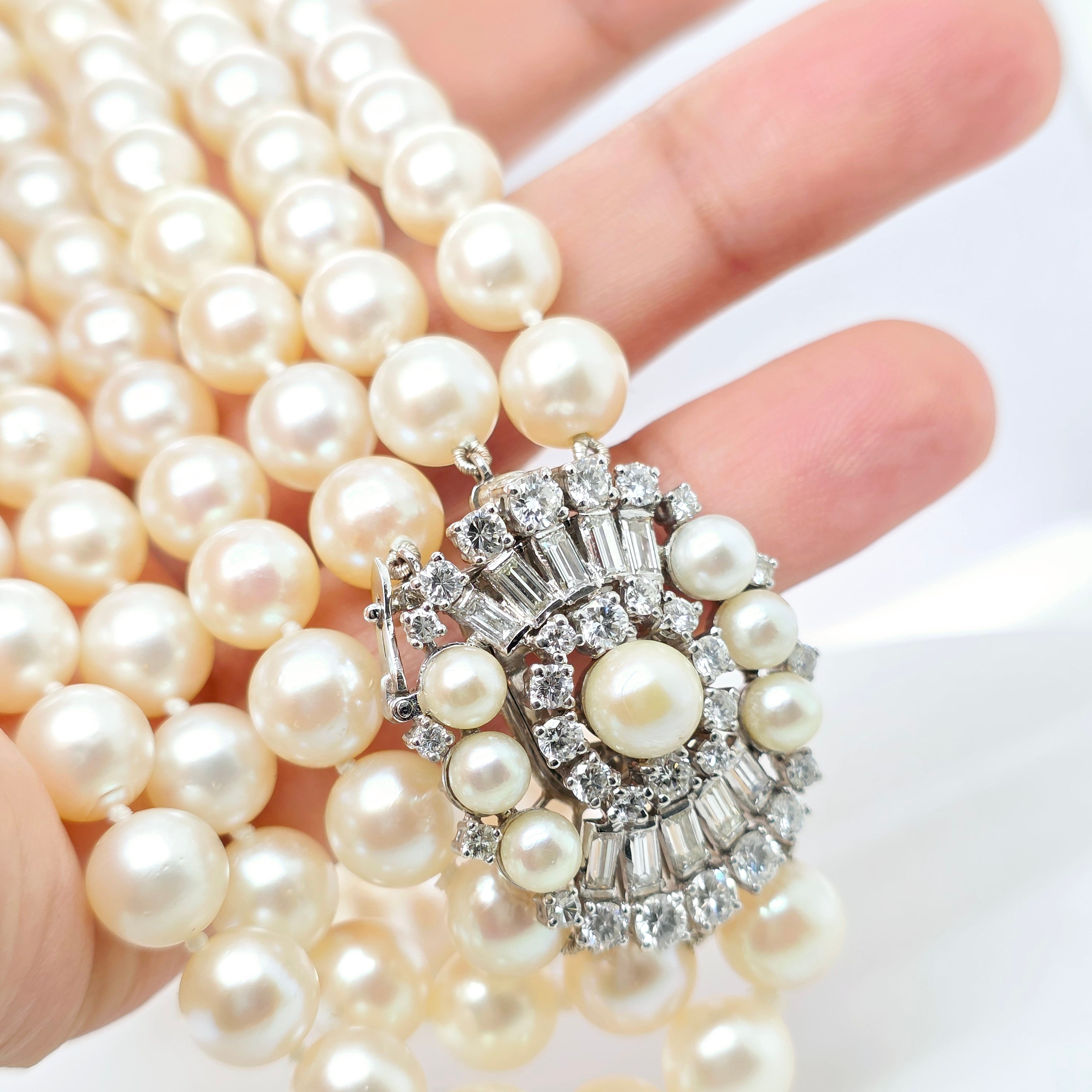 Three-Layer Strads Pearl Necklace – 18ct White Gold, 2.30ct Diamonds