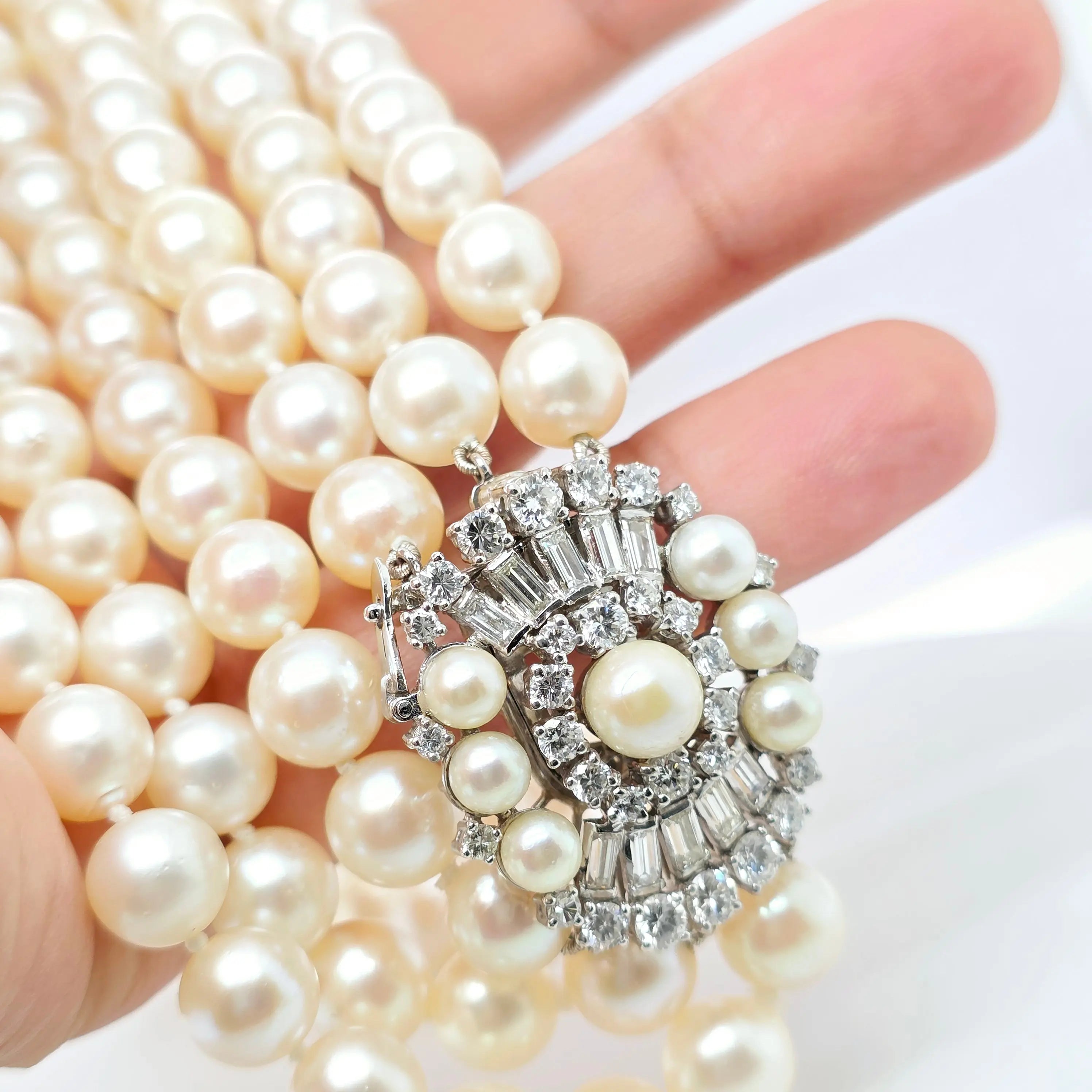 Three-Layer Strads Pearl Necklace – 18ct White Gold, 2.30ct Diamonds Chloe's Jewellers
