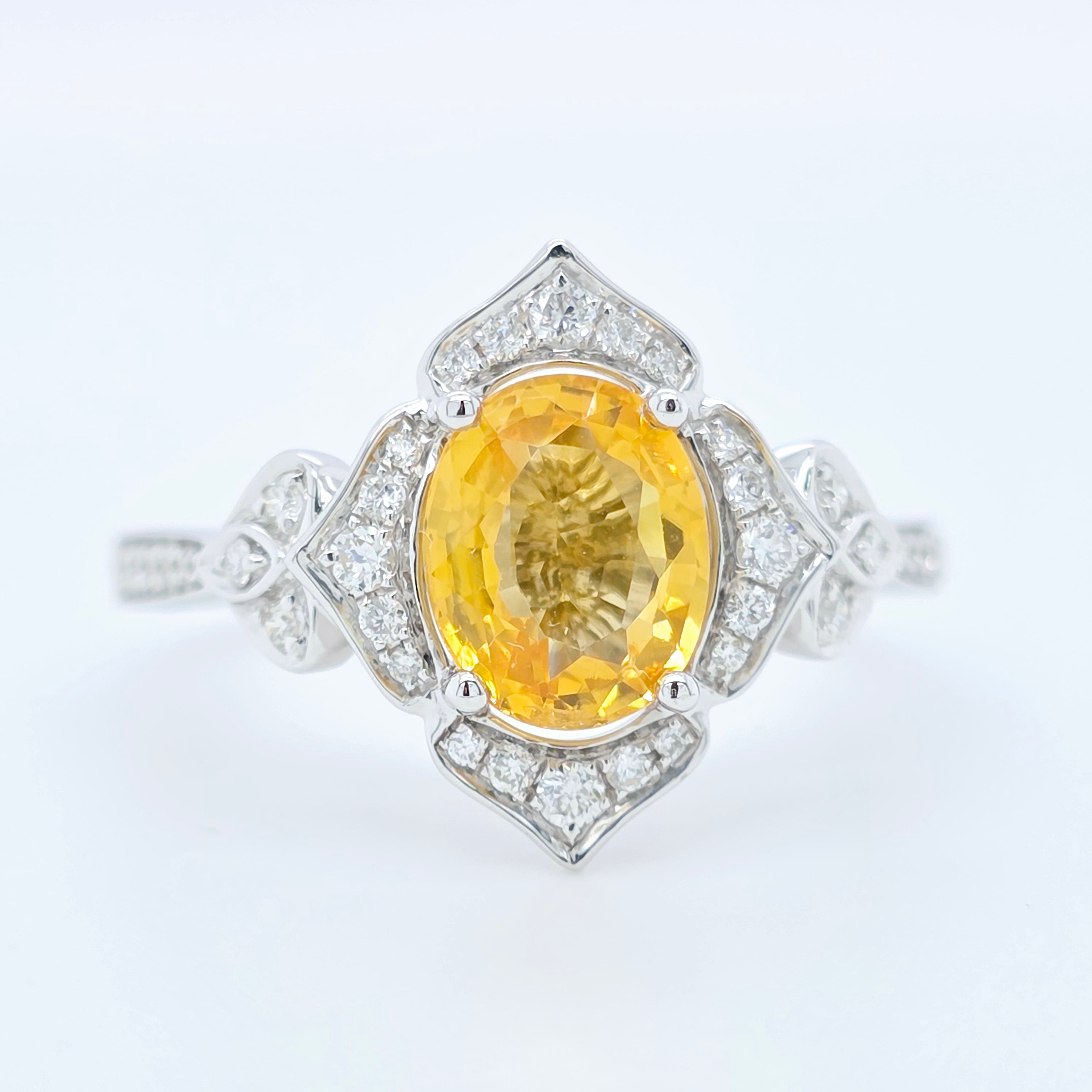 1.47ct Yellow Sapphire Ring – Oval Halo, 18K Gold, F VS1 Diamonds