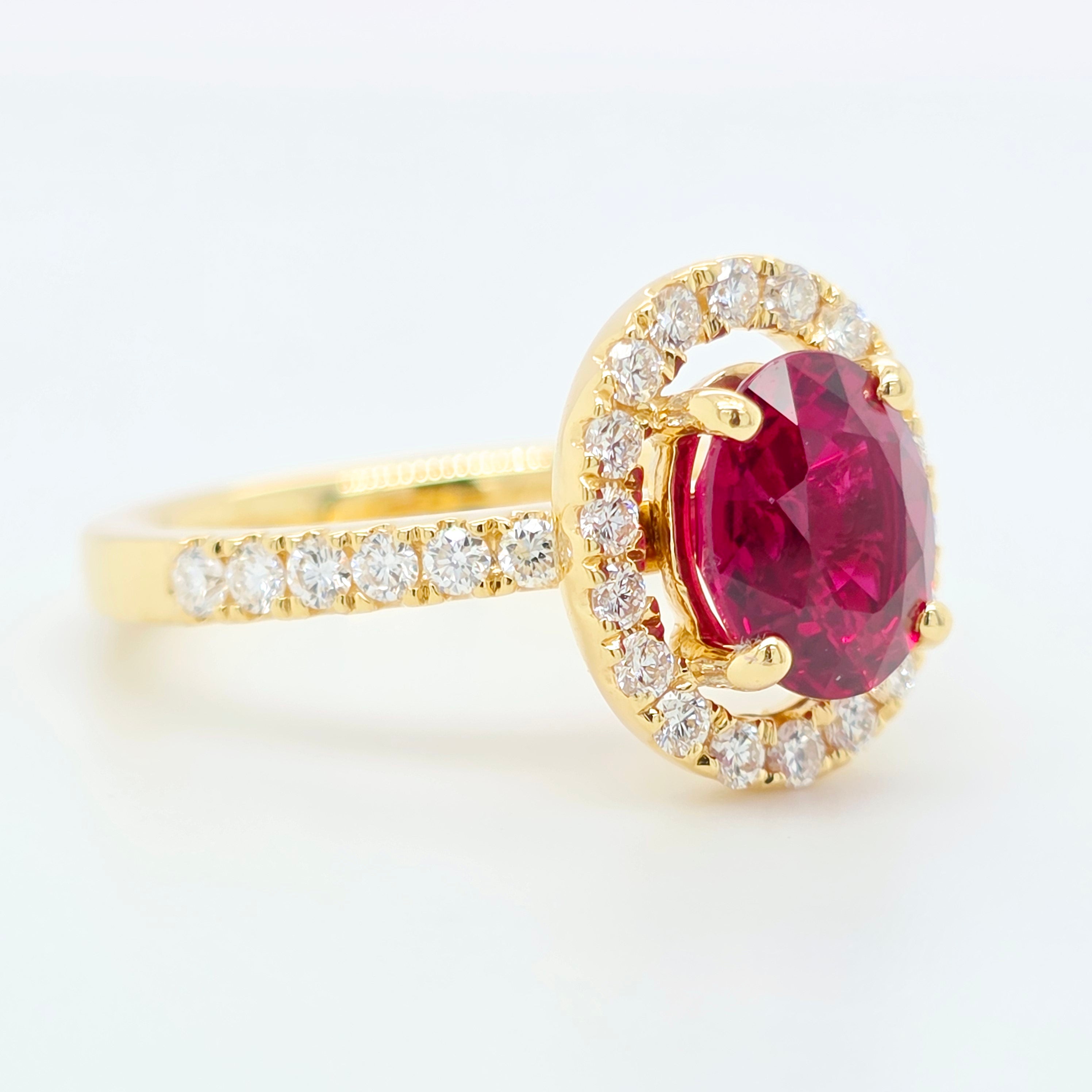 2.02ct Thai Ruby Ring – Oval Halo Setting, 18K Gold, E VS1 Diamonds