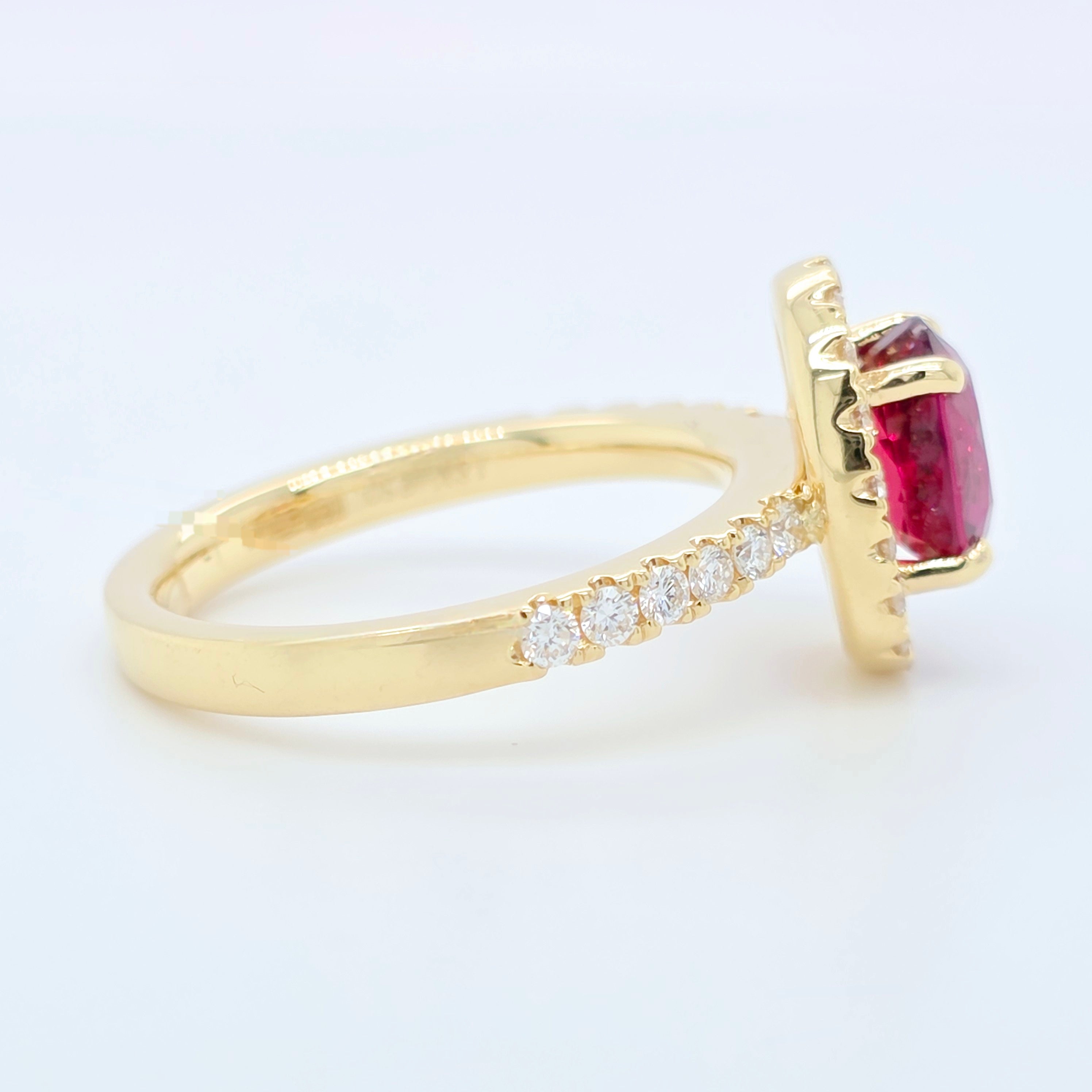 2.02ct Thai Ruby Ring – Oval Halo Setting, 18K Gold, E VS1 Diamonds