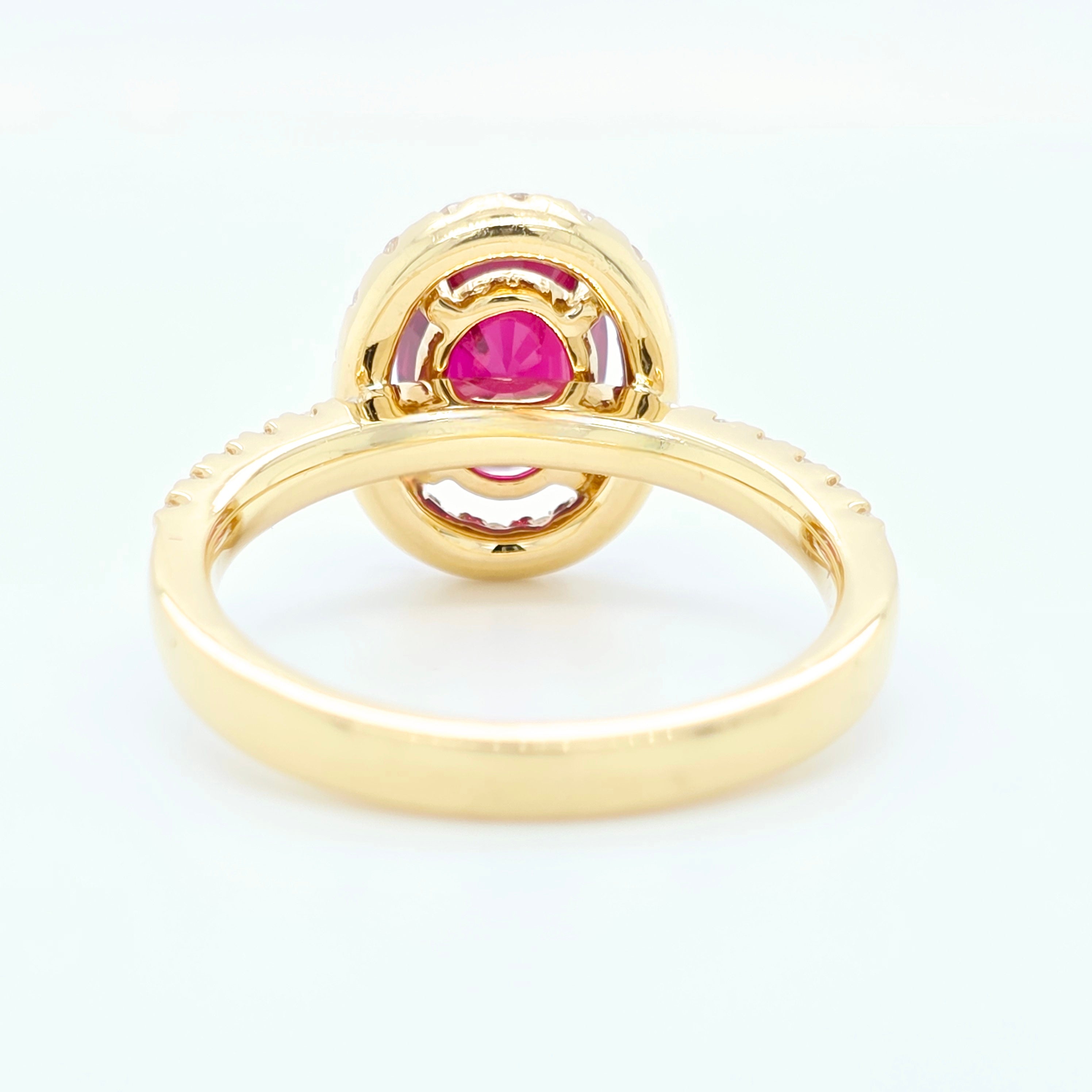 2.02ct Thai Ruby Ring – Oval Halo Setting, 18K Gold, E VS1 Diamonds