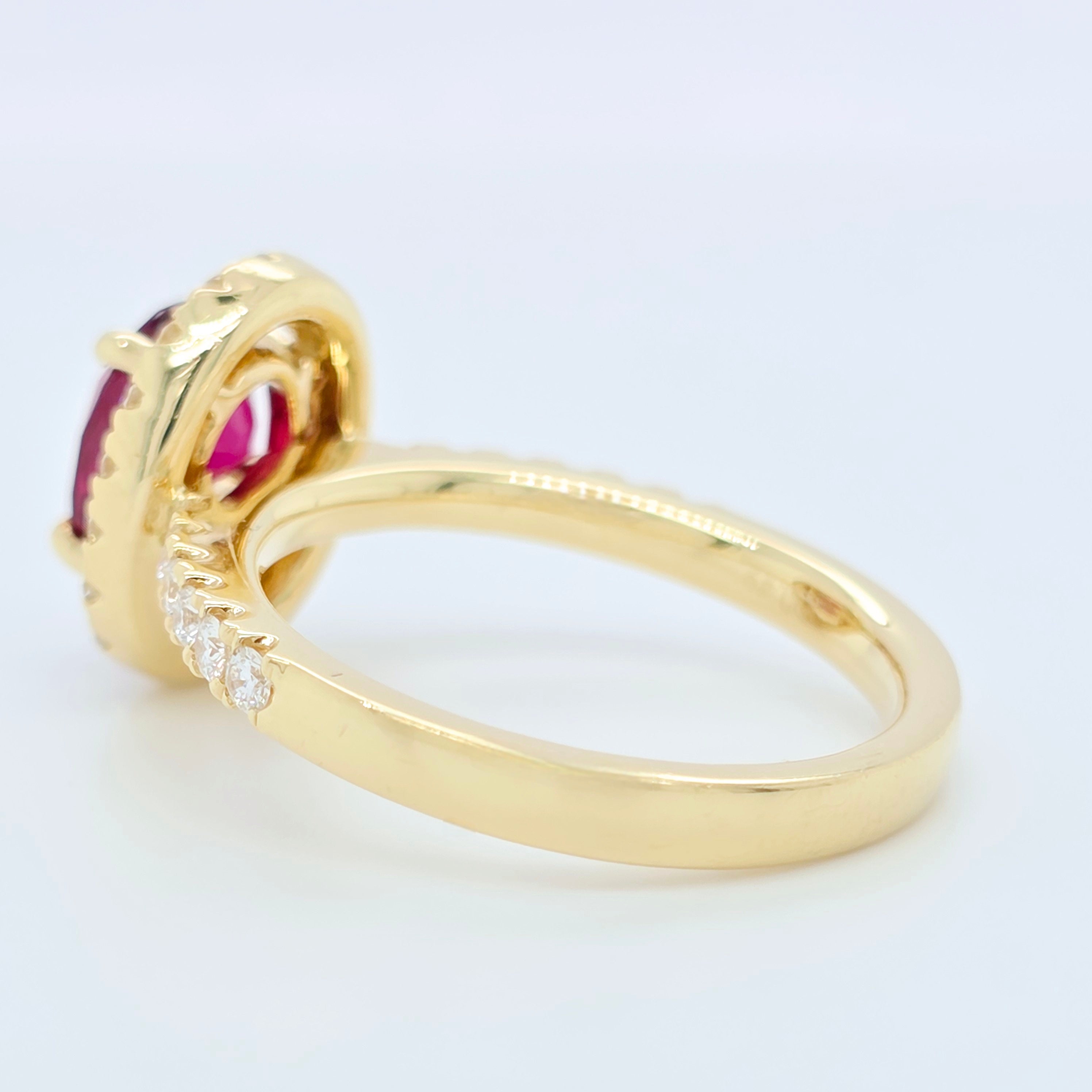 2.02ct Thai Ruby Ring – Oval Halo Setting, 18K Gold, E VS1 Diamonds