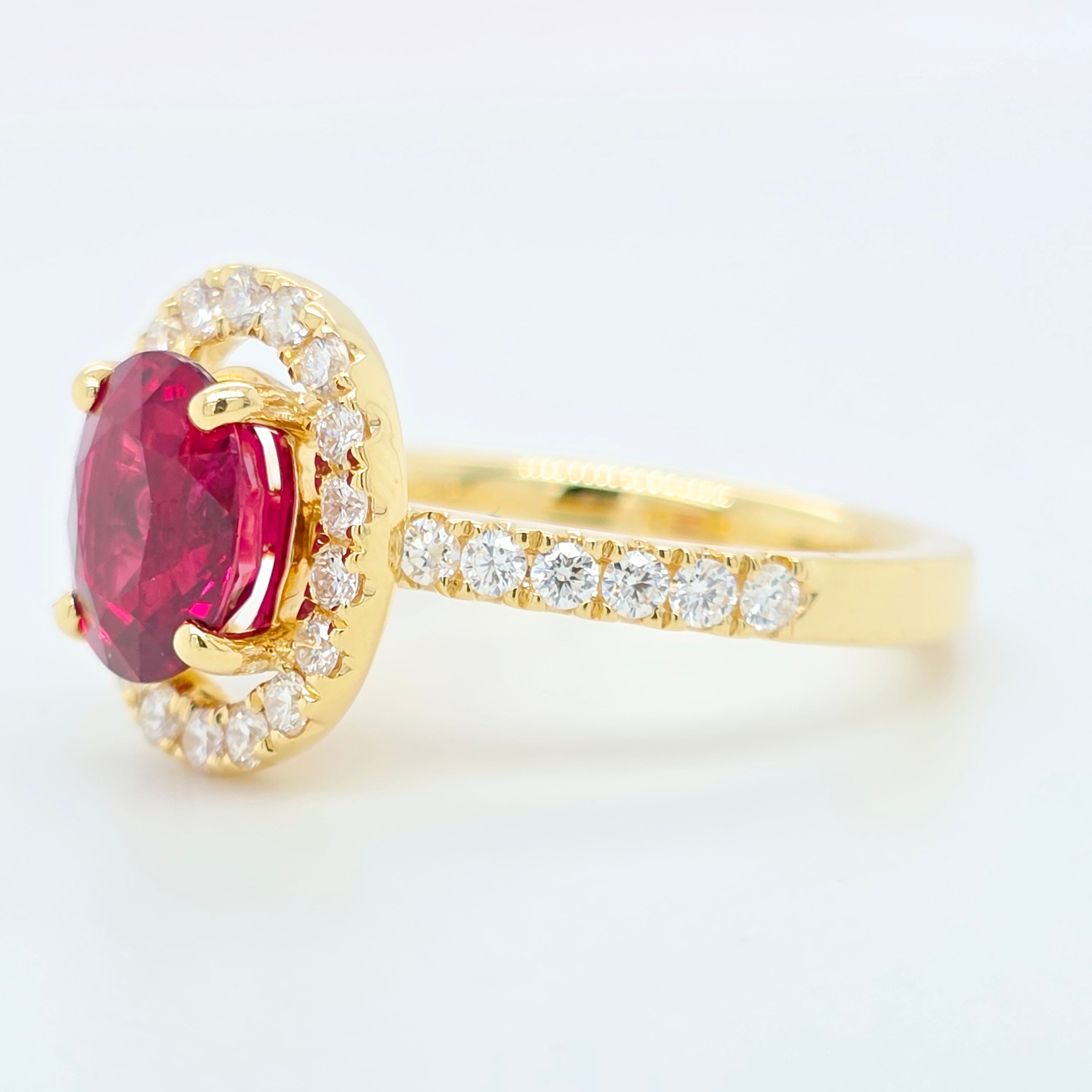 2.02ct Thai Ruby Ring – Oval Halo Setting, 18K Gold, E VS1 Diamonds