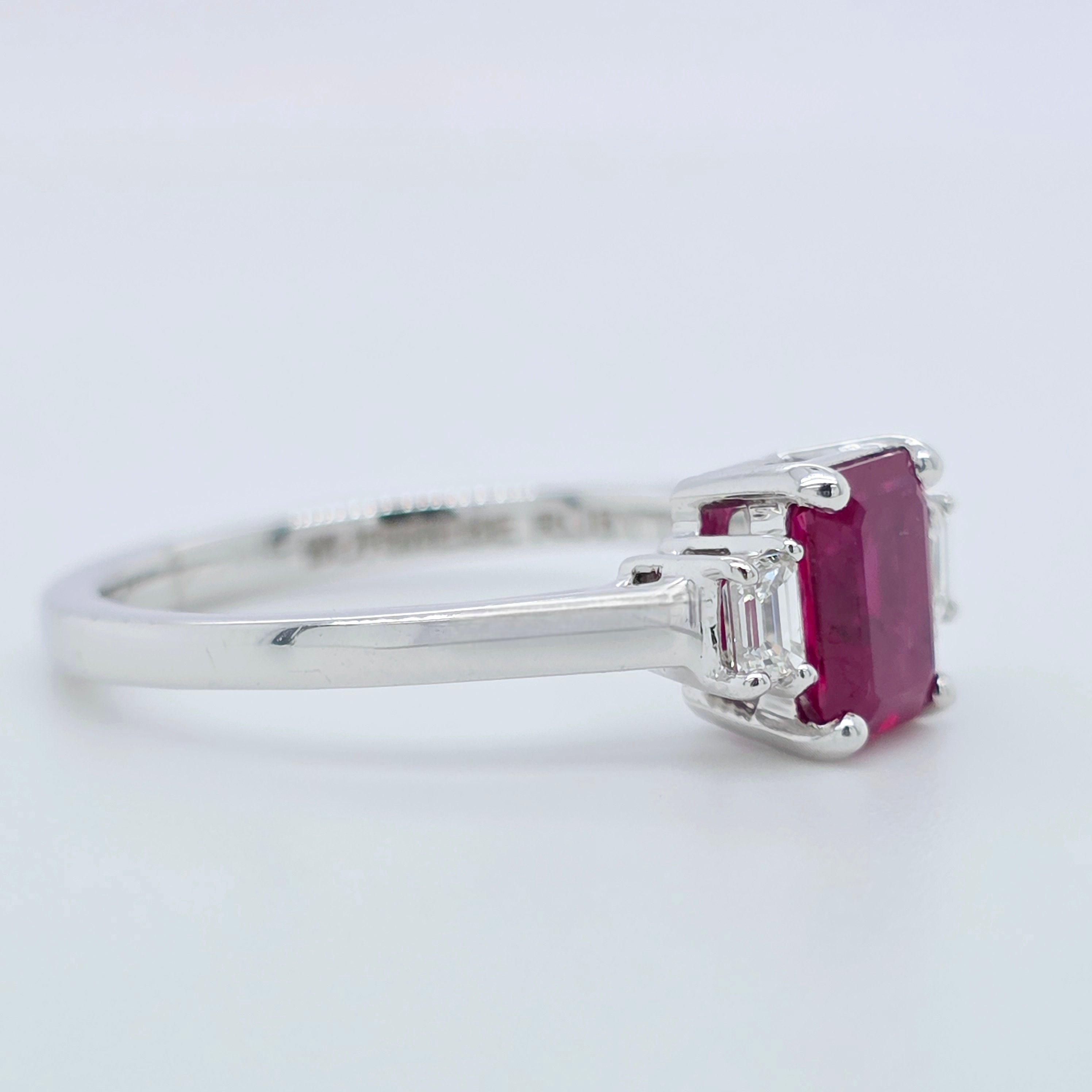 1.18ct Ruby Engagement Ring – Emerald Cut, Baguette Sides, 18K Gold