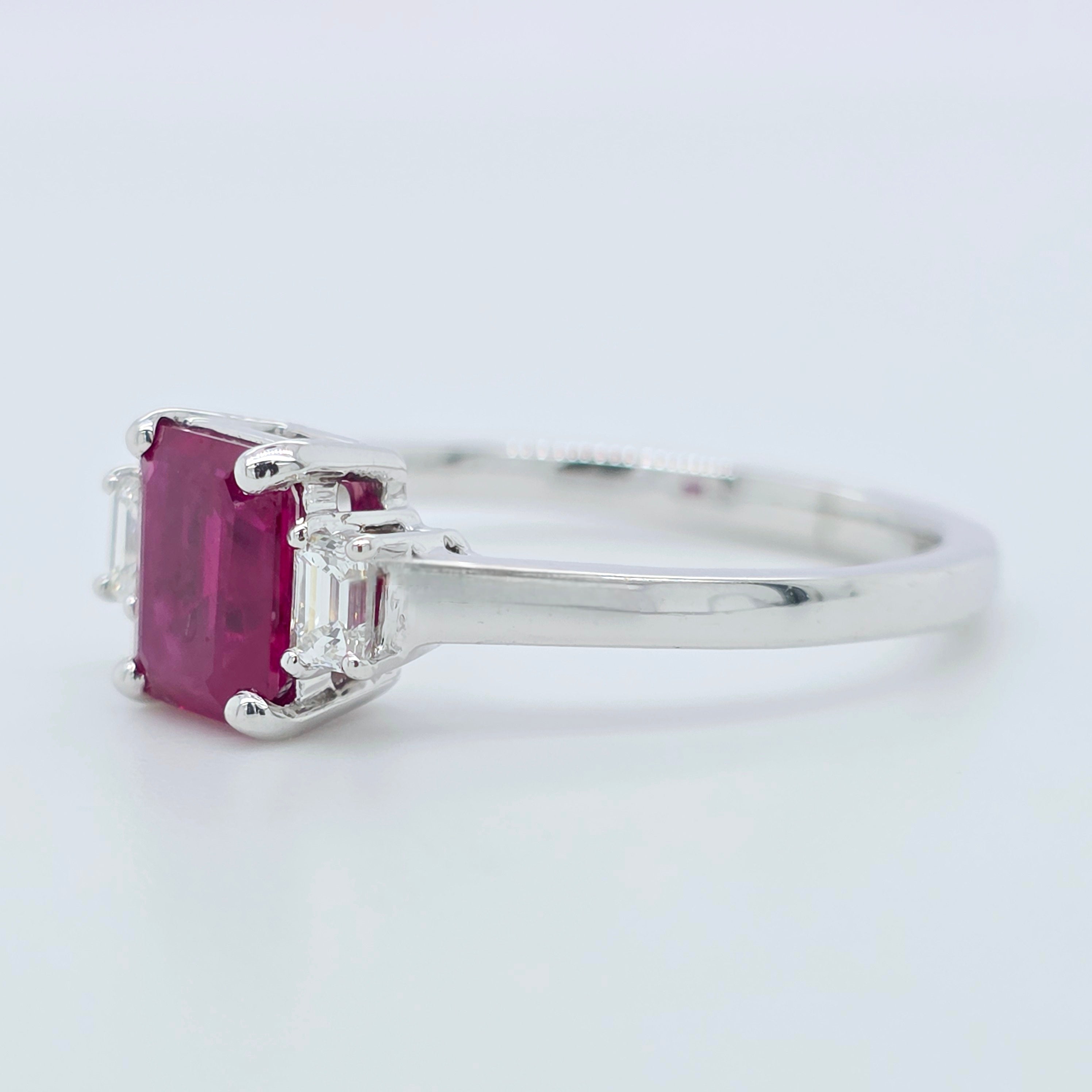 1.18ct Ruby Engagement Ring – Emerald Cut, Baguette Sides, 18K Gold