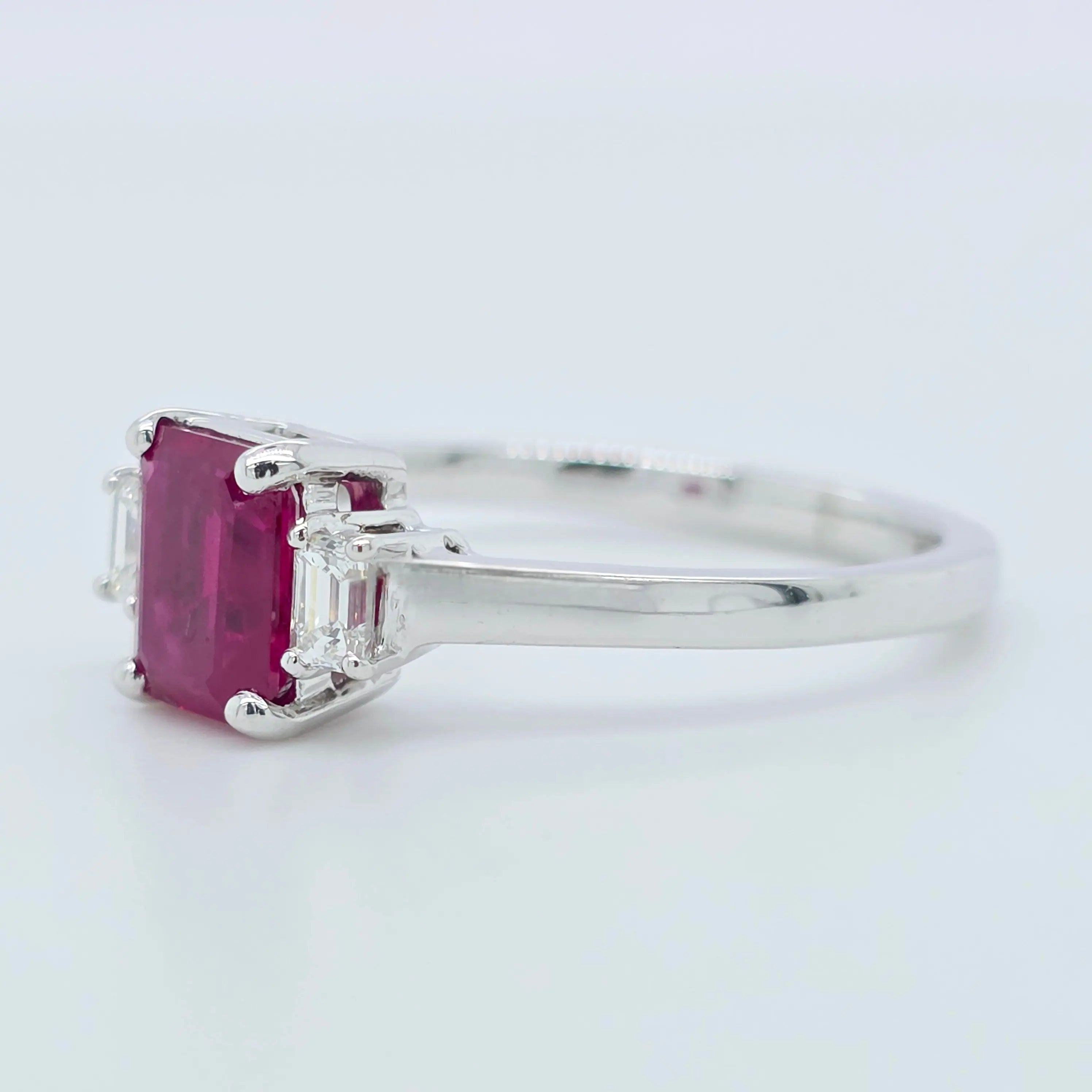 1.18ct Ruby Engagement Ring – Emerald Cut, Baguette Sides, 18K Gold Chloe's Jewellers