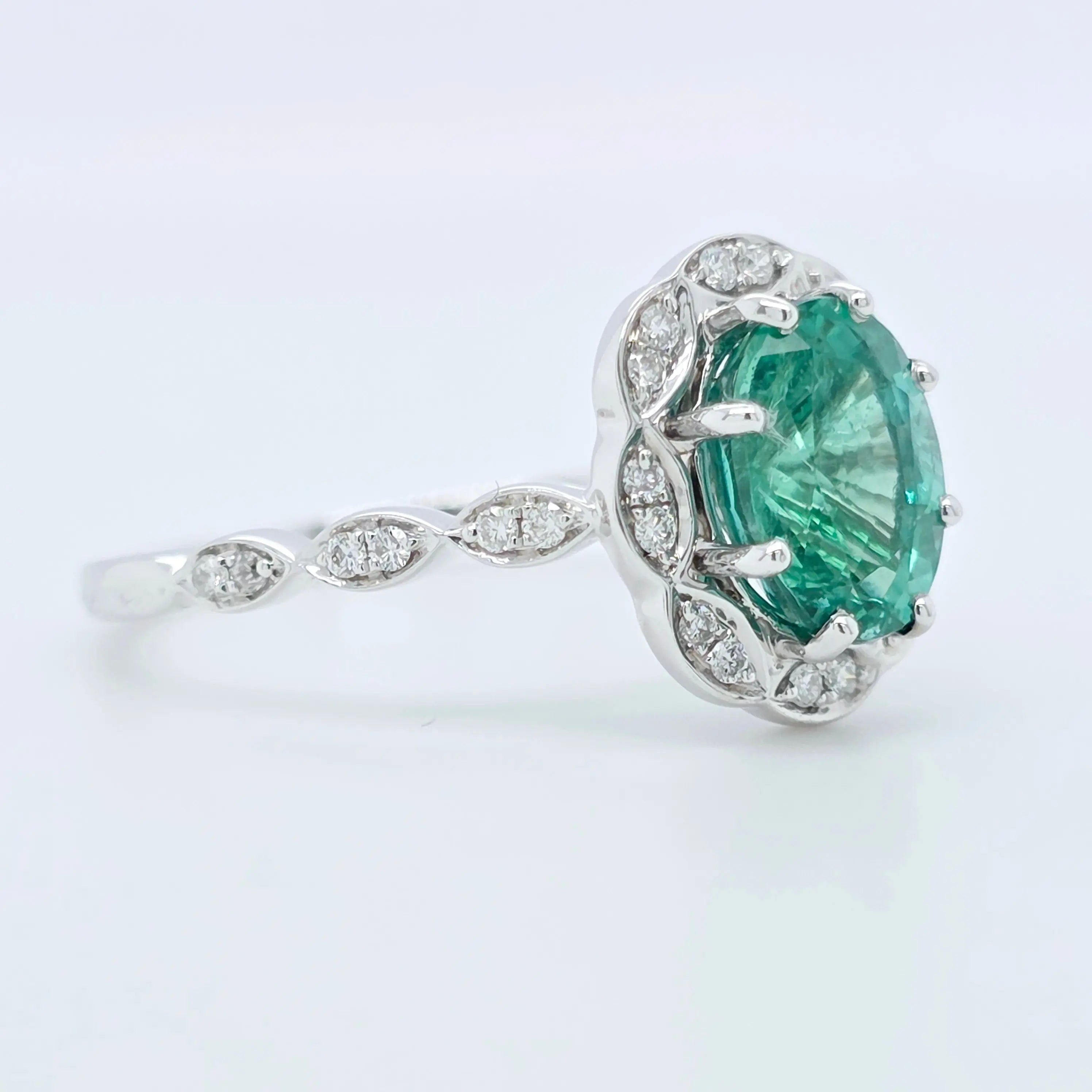 2.02ct Emerald Engagement Ring – Oval Halo, 18K Gold, F VS1 Diamonds Chloe's Jewellers