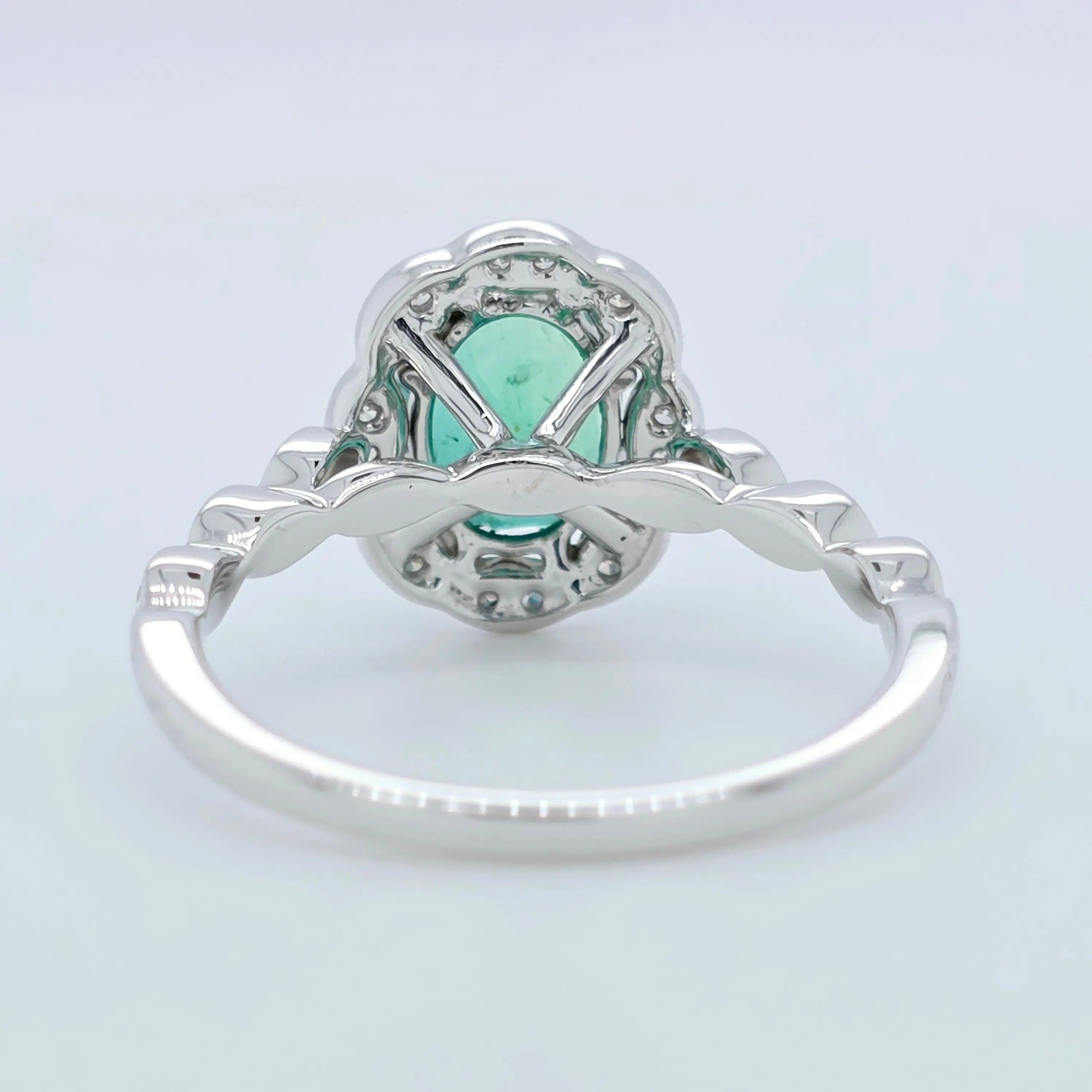 2.02ct Emerald Engagement Ring – Oval Halo, 18K Gold, F VS1 Diamonds Chloe's Jewellers