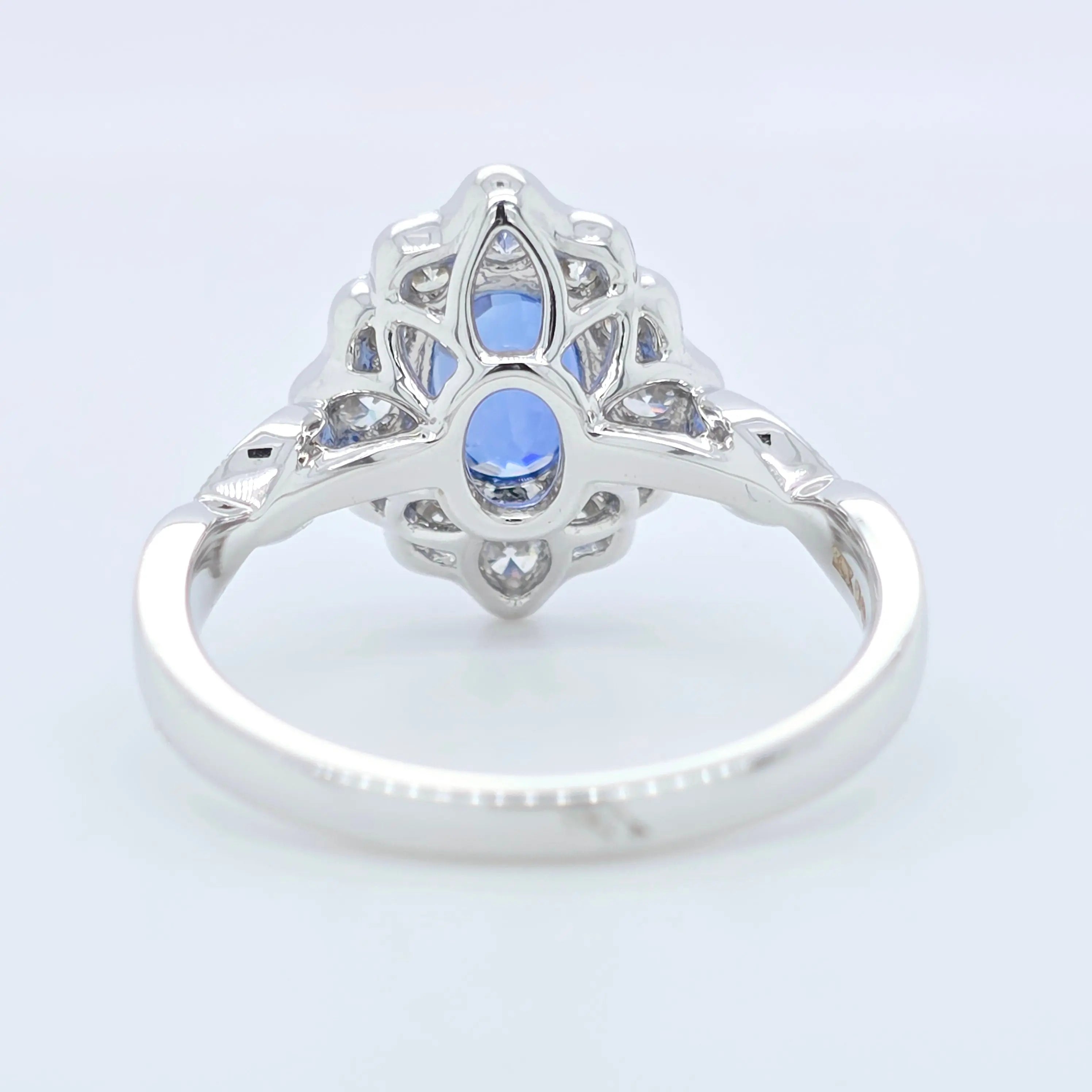 2.02ct Blue Sapphire Ring – Oval Halo, 18K Gold, F VS1 Diamonds Chloe's Jewellers