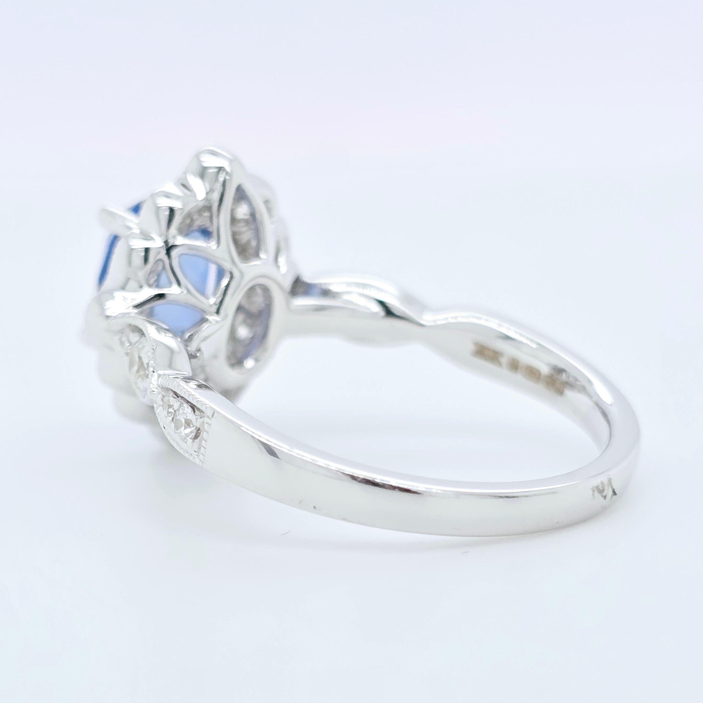 2.02ct Blue Sapphire Ring – Oval Halo, 18K Gold, F VS1 Diamonds