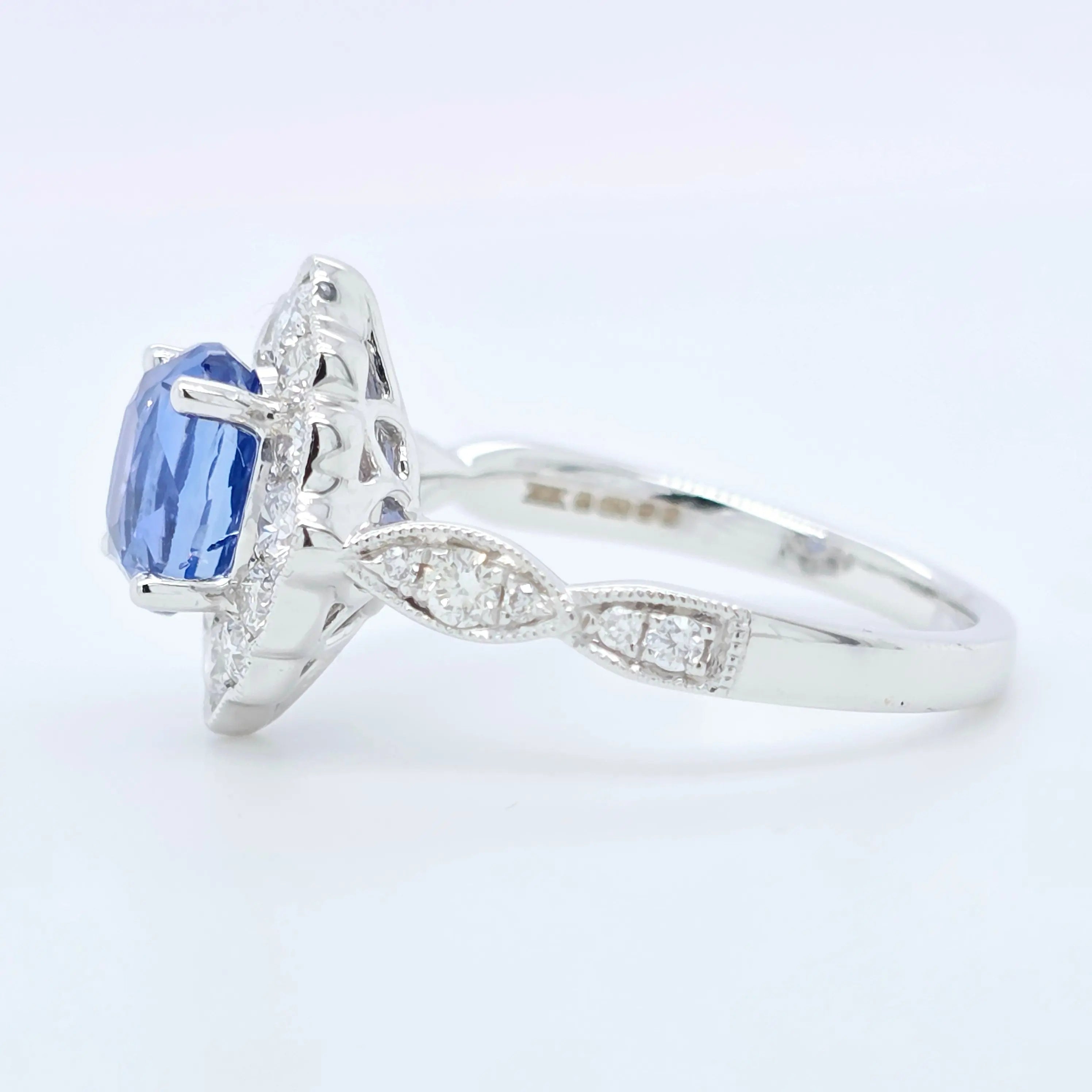 2.02ct Blue Sapphire Ring – Oval Halo, 18K Gold, F VS1 Diamonds Chloe's Jewellers