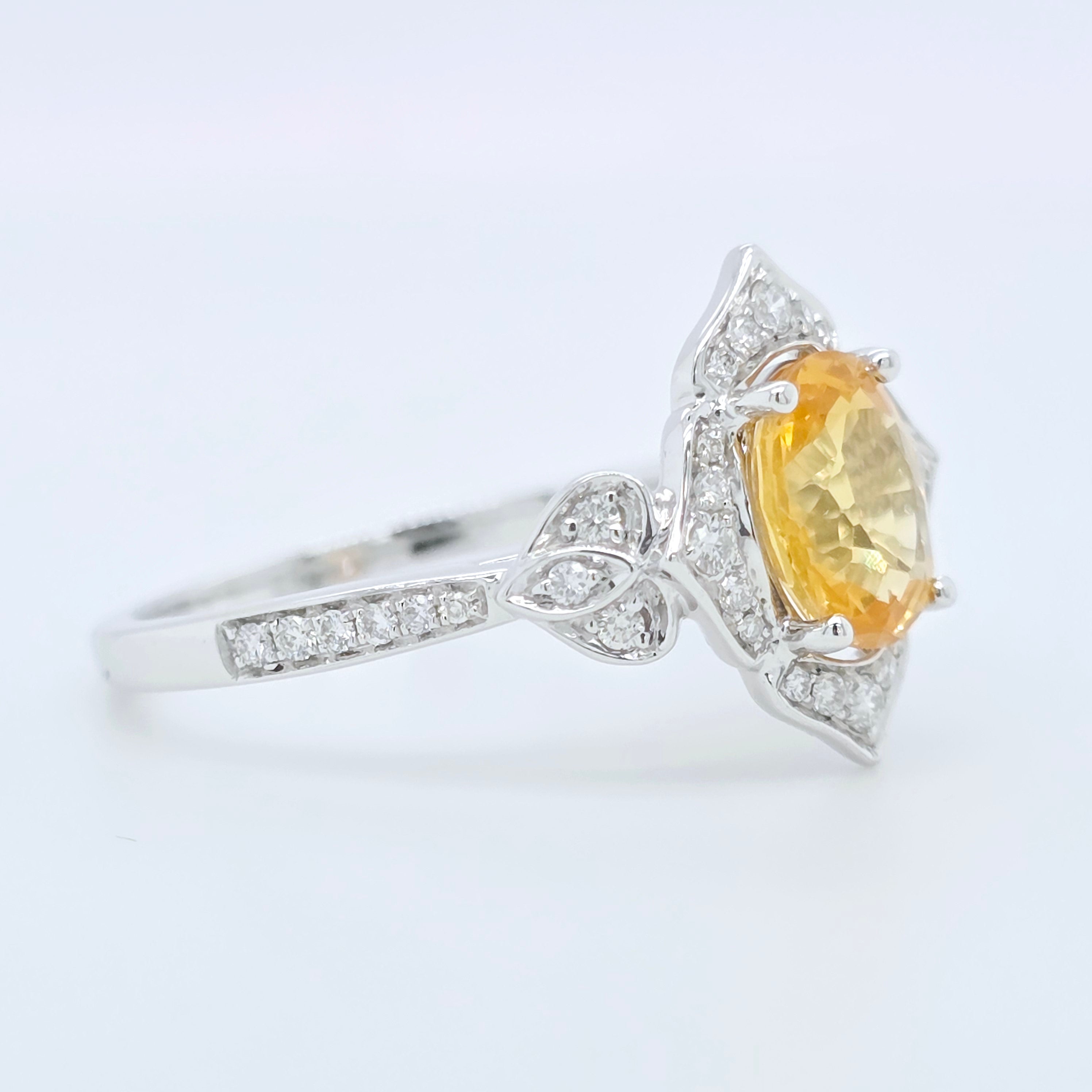 1.47ct Yellow Sapphire Ring – Oval Halo, 18K Gold, F VS1 Diamonds