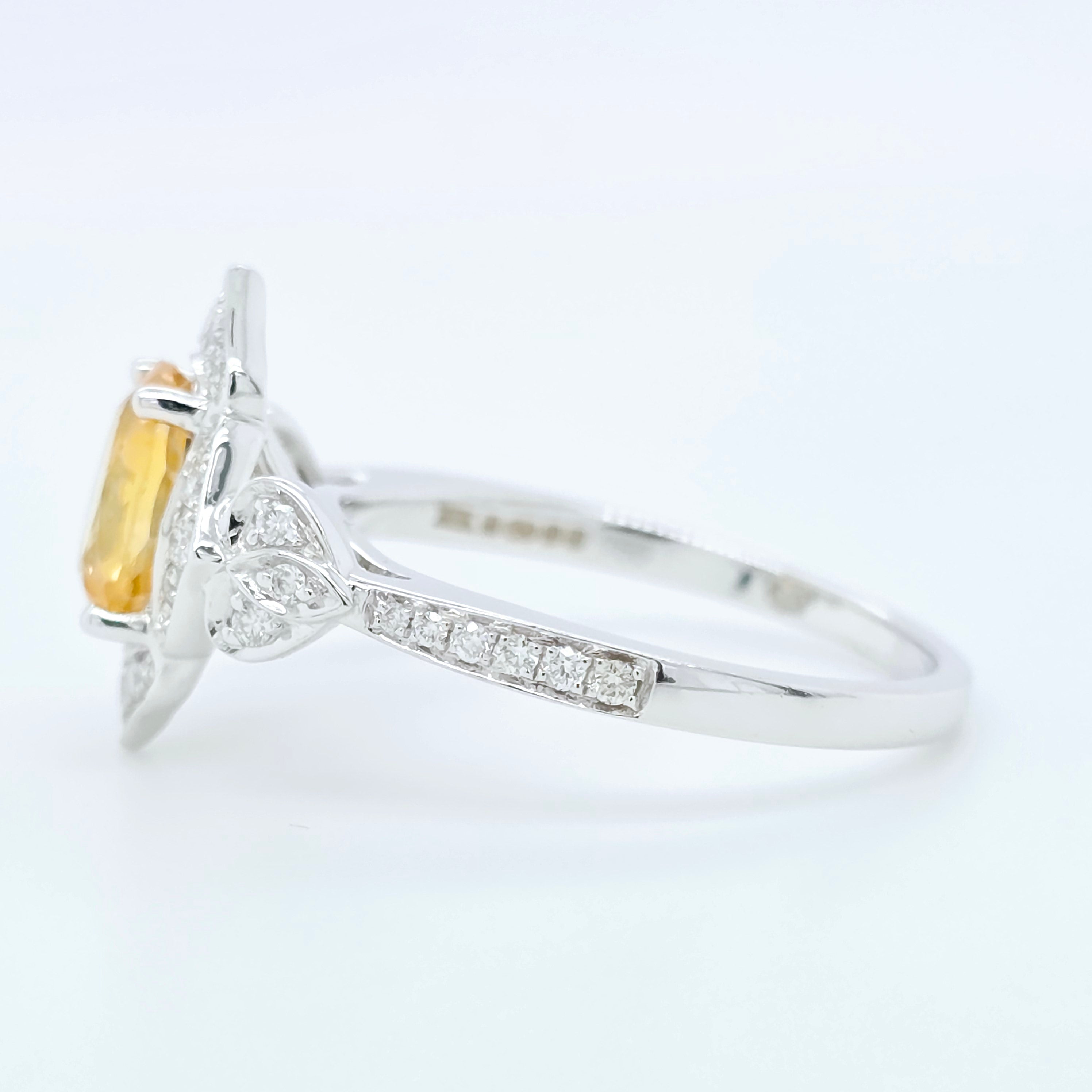 1.47ct Yellow Sapphire Ring – Oval Halo, 18K Gold, F VS1 Diamonds
