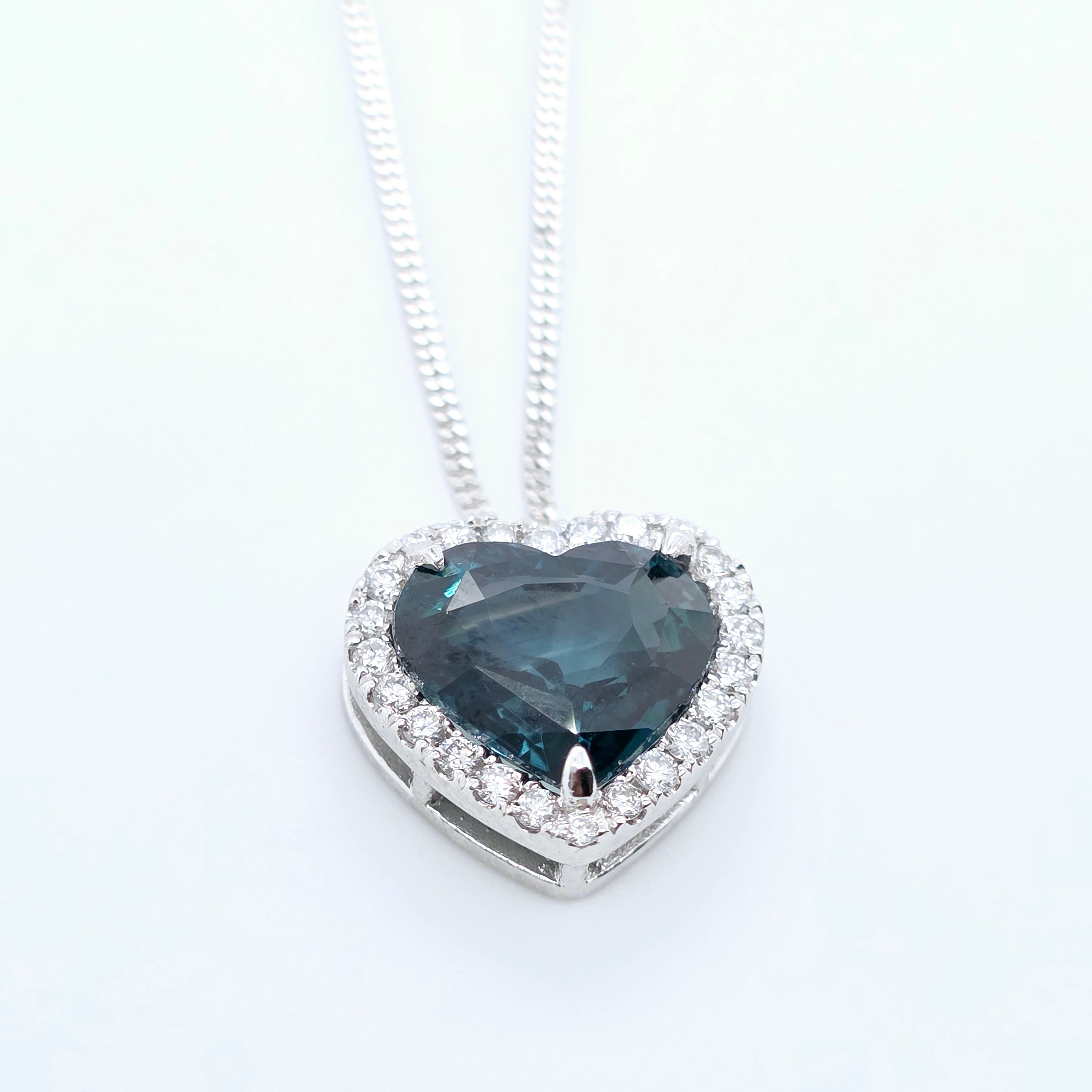 Heart Green Sapphire Pendant – 2.36ct, 18K White Gold, Diamond Halo