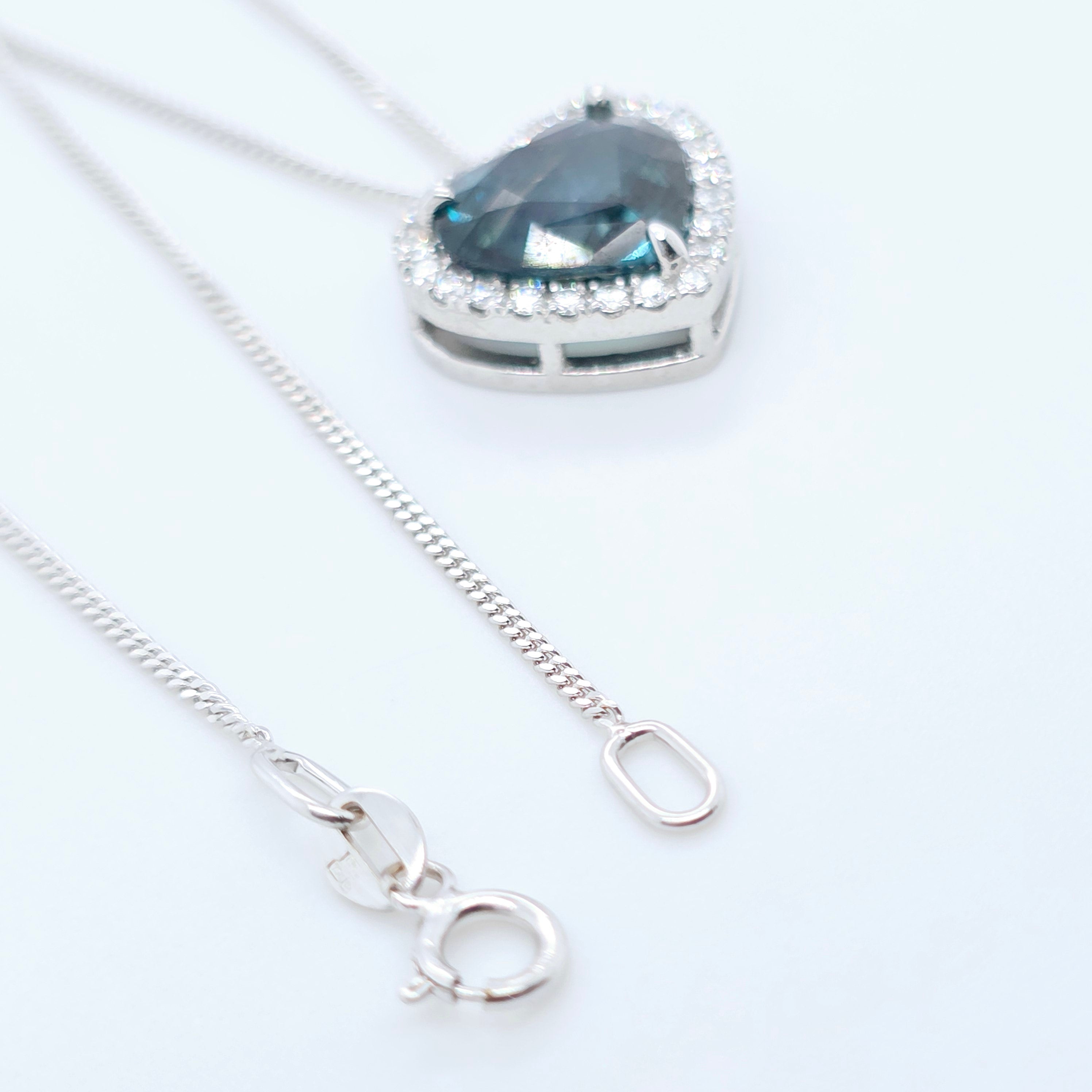 Heart Green Sapphire Pendant – 2.36ct, 18K White Gold, Diamond Halo