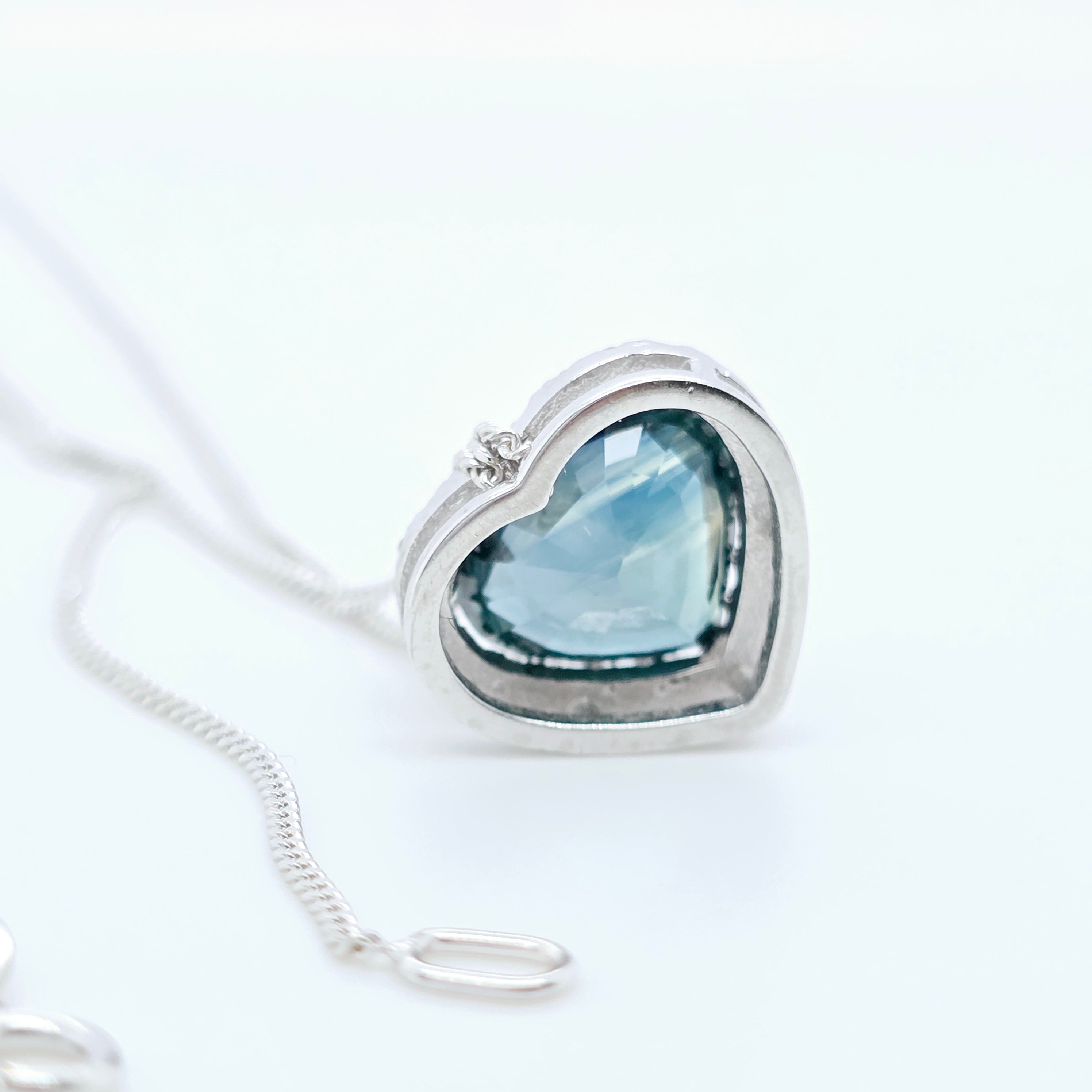 Heart Green Sapphire Pendant – 2.36ct, 18K White Gold, Diamond Halo