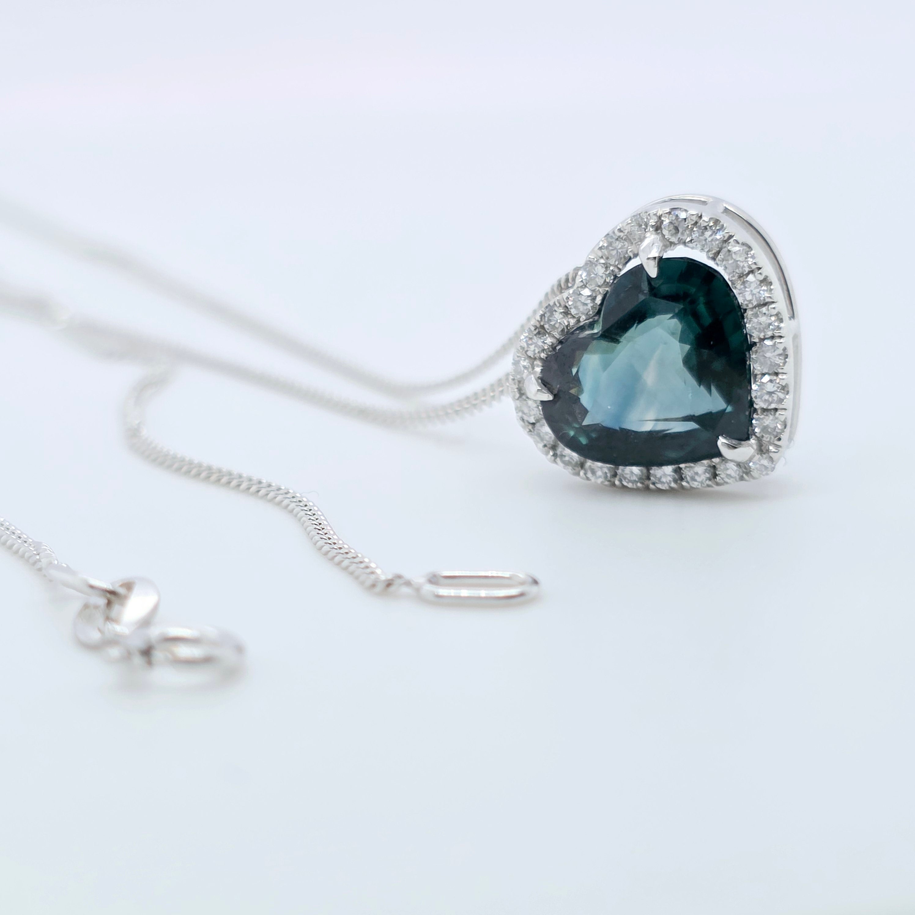 Heart Green Sapphire Pendant – 2.36ct, 18K White Gold, Diamond Halo